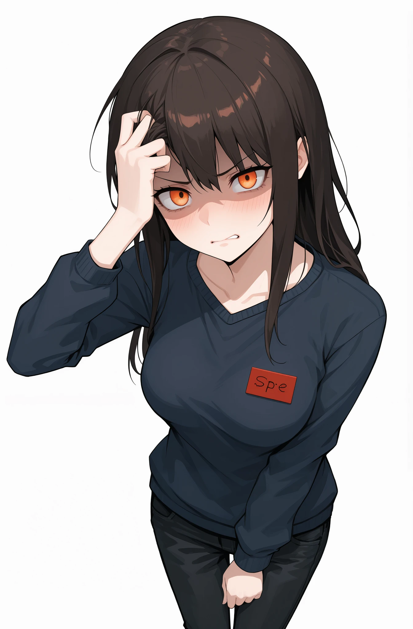 1girl , (solo),medium breasts:0.8, postal, bright orange eyes, Beautiful eyes, dark blue sweatshirt, brown long hair , confidence, the offended face, (the brown big center of the eye), (completely white background), black jeans, shy pose, blame head, ((Masterpiece)), ((highest quality), high resolution,blame face, detailed face, angry, shy, She turned her head away,