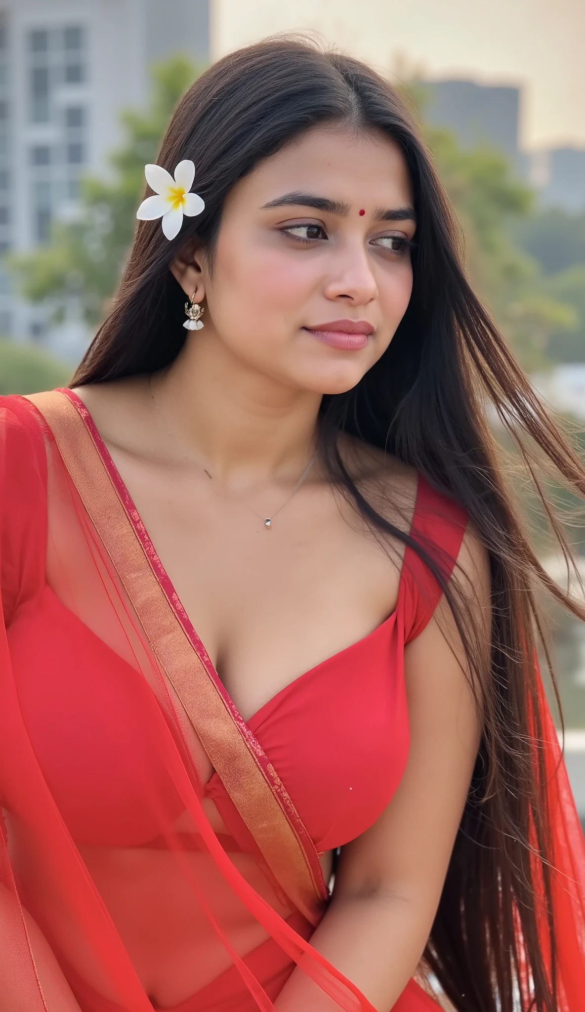Looks like Anushka Shetty, sensual shoot, sensual ravishing spicy hot beauty, beautiful gorgeous round face, Extremely gorgeous, round face, shoot for a famous cosmetics brand, shoot for top health magazine cover Page, bold photoshoot, bold looks, body positivity, stunning beauty, ravishing, spicy hot, sizzling hot, sensual shoot, artistic sensual photograpy, thick figure, curvy, Thick navel, sexy tempting lady, sexy navel folds, fleshy figure, woman with a flower in her hair and a flower in her hair, closeup portrait shot, movie stills photography, traditional beauty, body sweat, glistening skin, feminine curve, curvy body, skin texture, skin pores, traditional clothes , traditional female hairstyles, pretty face!!, shot on sony alpha dslr-a300, indian woman with brown skin, indian goddess, traditional makeup, movie stills, actress, close - up portrait shot, detailed portrait shot, ultra HD, 32k,  hyper realistic, hyper realistic skin, High level professional photography, insane details, high quality skin, beautymarks, real photograph, add every possible elements to make the photo looks as real photograph, tattoo, tattoo like tattooed tribal woman, chocolate brown skin, juicy thick figure, beautiful curvy figure, fleshy figure, 