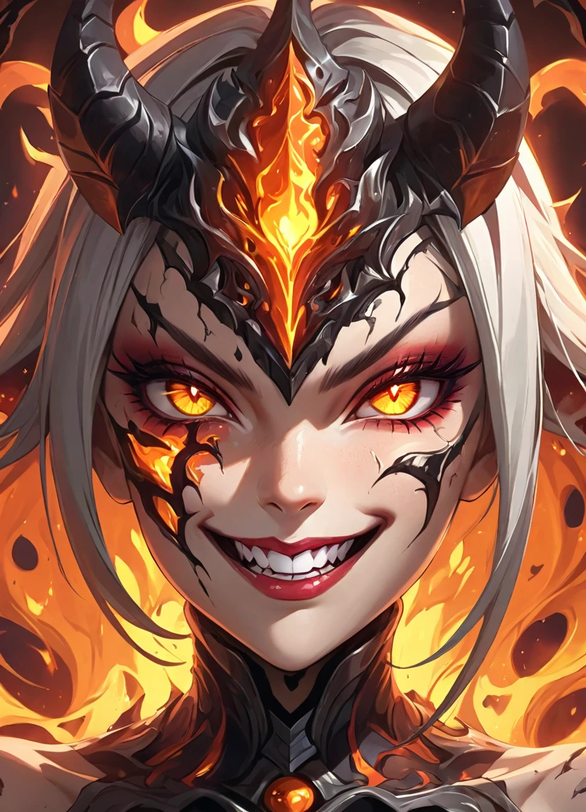 (masterpiece), (high quality), woman in her 20s, (perfect face), defined jawline, beautiful smile, (beautiful bright yellow eyes), (red detailed dragon scales on skin:1.2), (red scaly dragon armor:1.2), (sexy), (long flowing silver hair), 2 symmetrical short sharp gazelle horns on forehead, (perfect hands), blazing flames emitting form hands, (dark flaming background), (medium shot photograph), (looking at viewer), (trending on ArtStation, trending on CGSociety), (by Artgerm), (by Beln Ortega), (by Dan Mora), (by Terry Dodson), octane render, unreal engine, modelshoot style, realistic