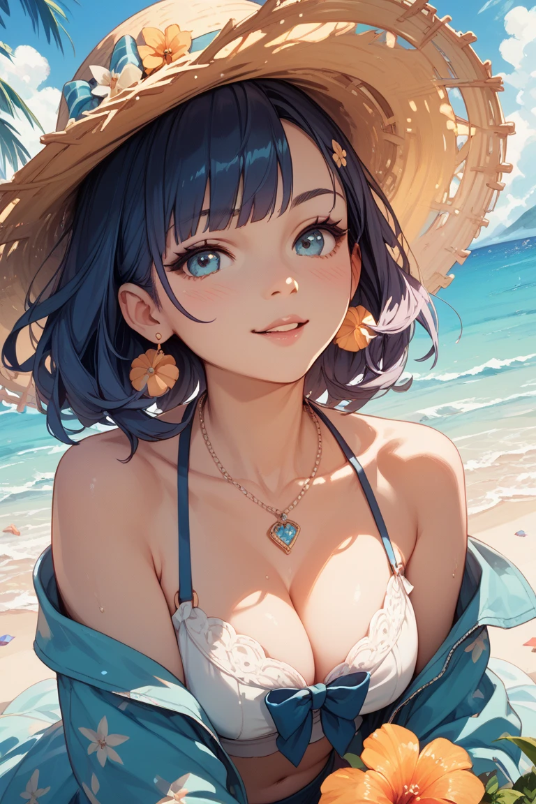 beautiful girl,Dark blue short hair(Inward Curling Bob) ,(Straight and smooth hair)、blue eyes,Navy Blue Bikini、Big cleavage、(Big Breasts)、smile、blue necklace、blue earrings、background(Beach)、Sexy pose