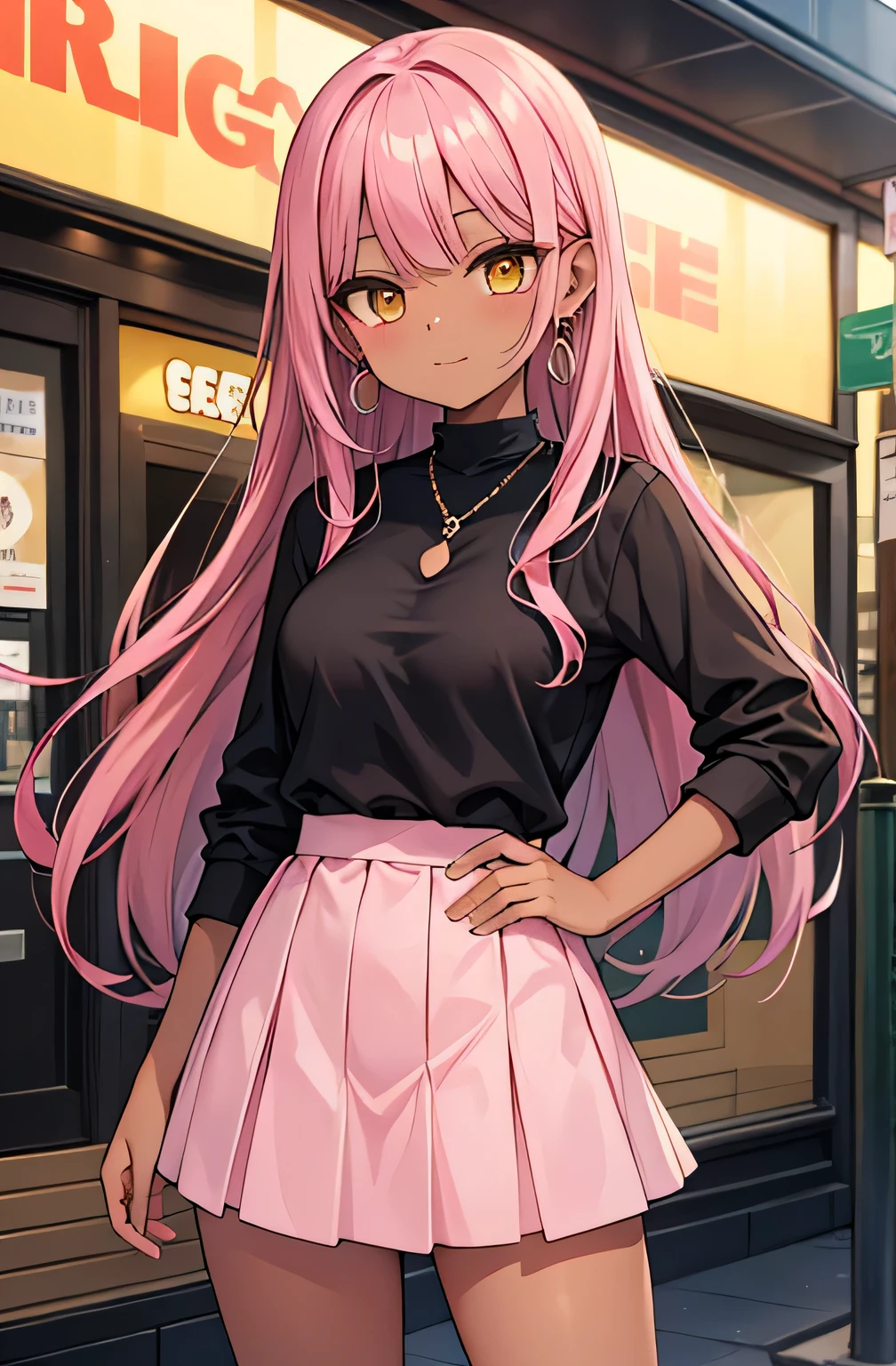 Anime girl with pink hair and black shirt standing in front of a store ...