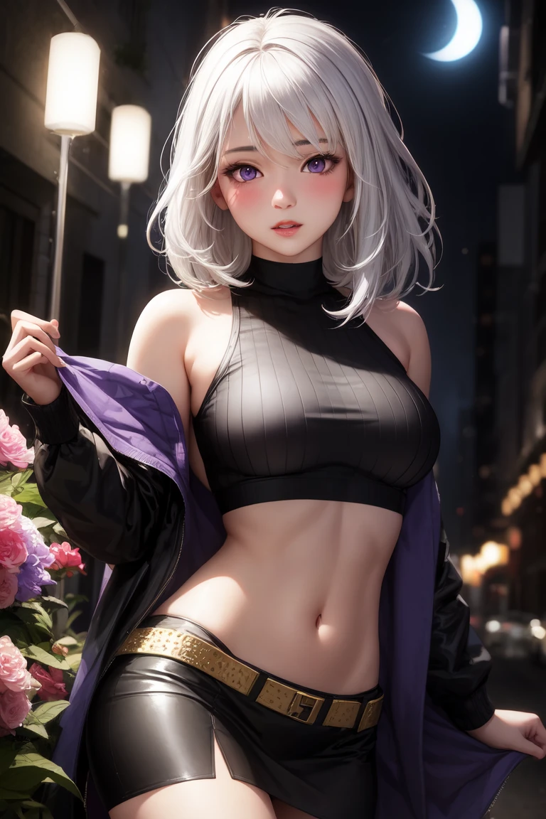 masterpiece, (photorealistic:1.4), solo, 1girl, best quality, beautiful lighting, professional lighting, photon mapping, radiosity, physically-based rendering nanakusa nazuna, 1girl, bangs, black background, black jacket, black shirt, black shorts, blue eyes, blunt bangs, breasts, cleavage cutout, clothing cutout, crop top, eyeshadow, fangs, gradient hair, grey hair, hair rings, jacket, light purple hair, looking at viewer, makeup, multicolored hair, navel, open mouth, red eyeshadow, shirt, shorts, sleeveless, sleeveless turtleneck, sleeveless turtleneck crop top, small breasts, solo, stomach, turtleneck, turtleneck crop top, two-tone hair, vampire, RAW photo, 8k uhd, film grain, (((very strong backlighting, rays of light, full moon))), (8k, RAW photo, best quality, masterpiece:1.2), (realistic, photo-realistic:1.37), ultra high res, ultra-detailed ,full body, ((full-body shot)), woman, beautiful Barbie, detailed eyes, beautiful detailed lips,