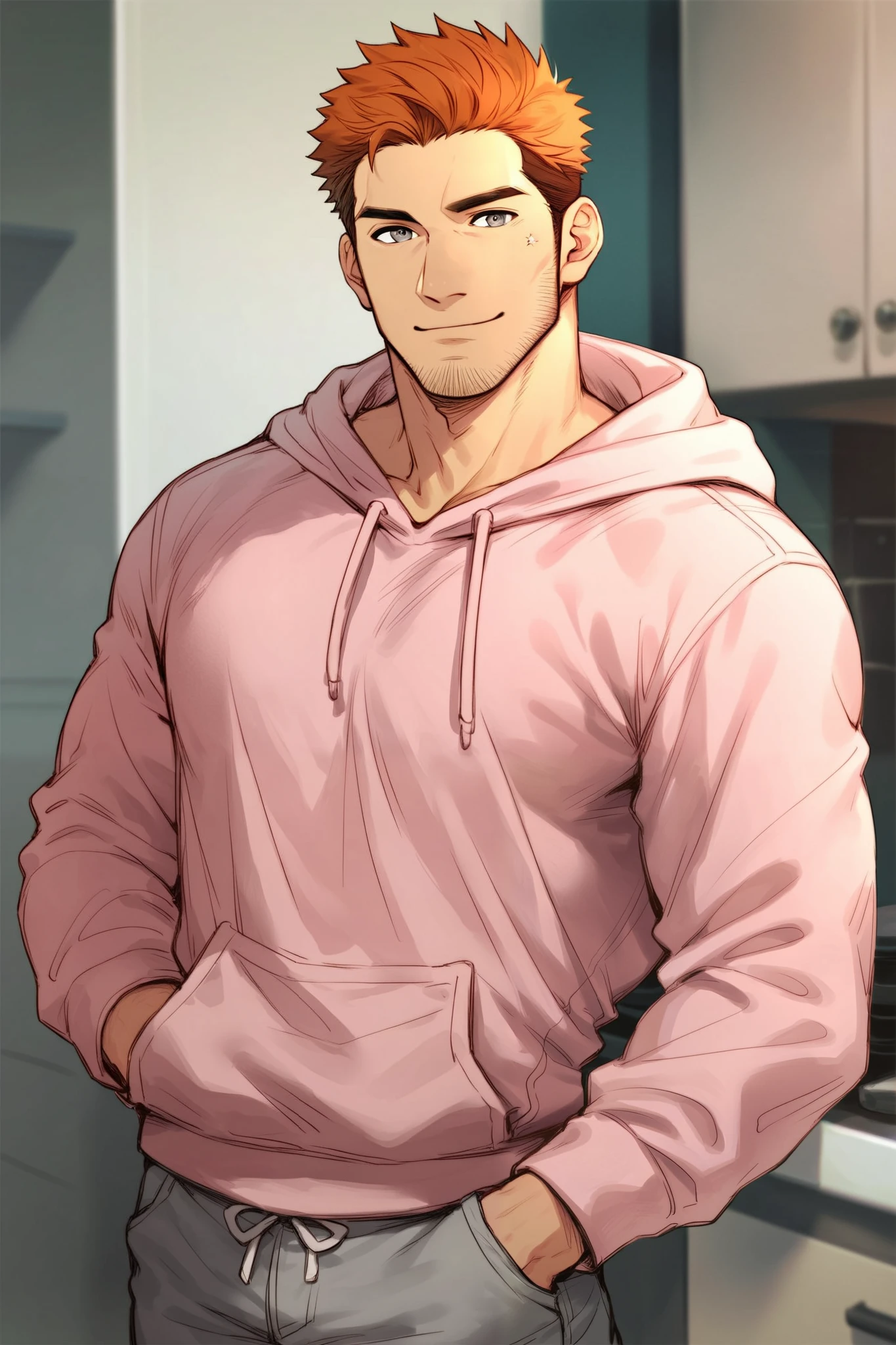 score_9, score_8_up, score_7_up, rating_safe, 1boy, bara, solo, male focus, mature male, short hair, orange hair, grey eyes, facial hair, stubble, muscular, looking at viewer, upper body, smile, standing, pink hoodie, grey pants, indoors, kitchen 