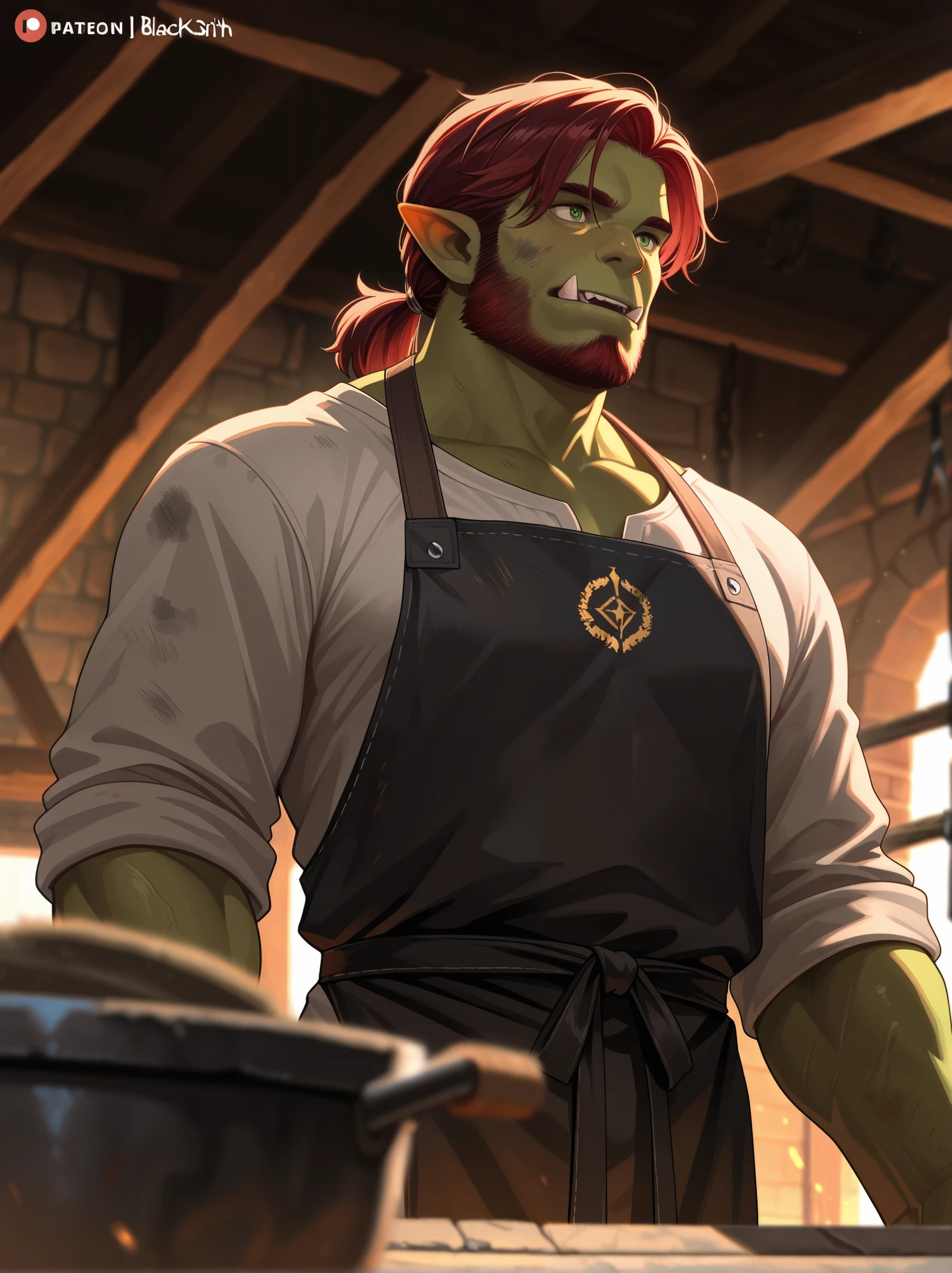 Medieval fantasy Human prisoners in an Orc village breaking down a freshly hunted boar for the tribe to cook later. Pale green skin. Sweat. Muscles. Dirt. Worn clothes. Torn clothes. Worn and torn shirt. Bloody hands. Blood stained clothes. Prominent mouth tusks. Crotch bulge. Bulging crotch. Growing muscles. Round ears. Drooling over raw meat. "Meat ... hungry.... Eat...." Brute. Assimilation.