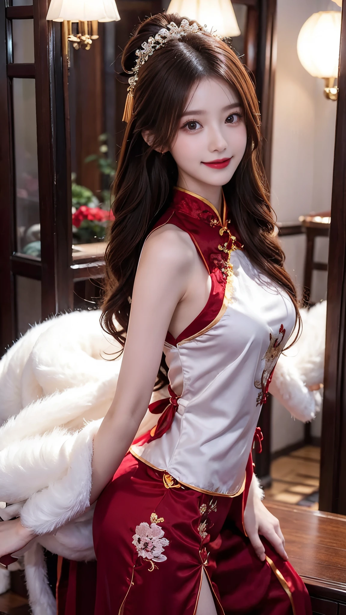   beautiful woman,     Chestnut hair    ,     Beautiful Eyes ,   Smile,  Actual , Full HD,   very beautiful dress  ，Fluffy dress ， curved body，Magnificent view ，Gorgeous decoration，cheongsam，中国发髻