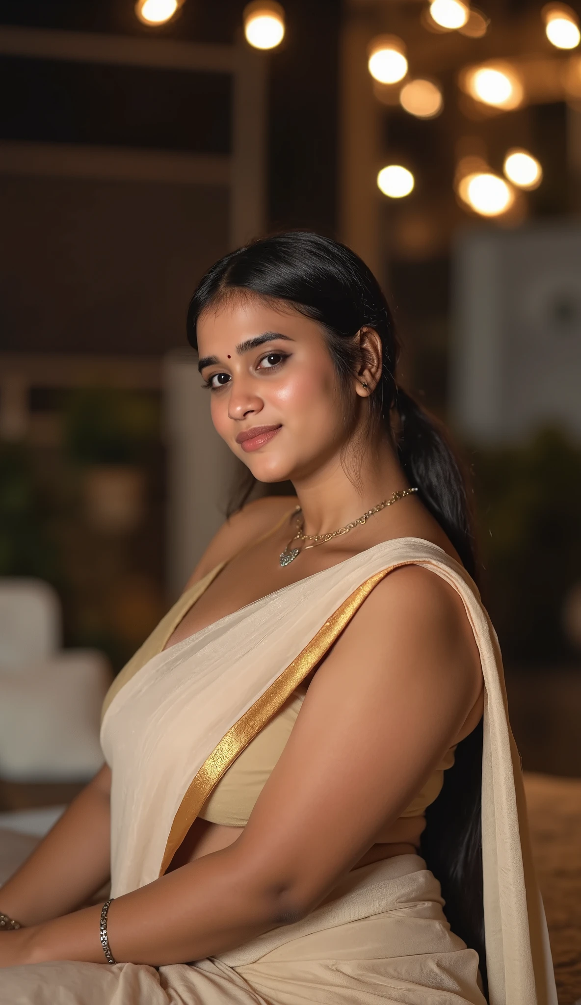 night scene, extreme close up photo of sexy indian, big cheeks, hourglass figure, swooping breasts, deep cleavage, no blouse,sitting romantically on bed in bedroom, ponytail, necklace, white and gold see through strapless saree, look at viewer and subtle smile, (cinematic:1.3), intricate details, (ArtStation:1.2)