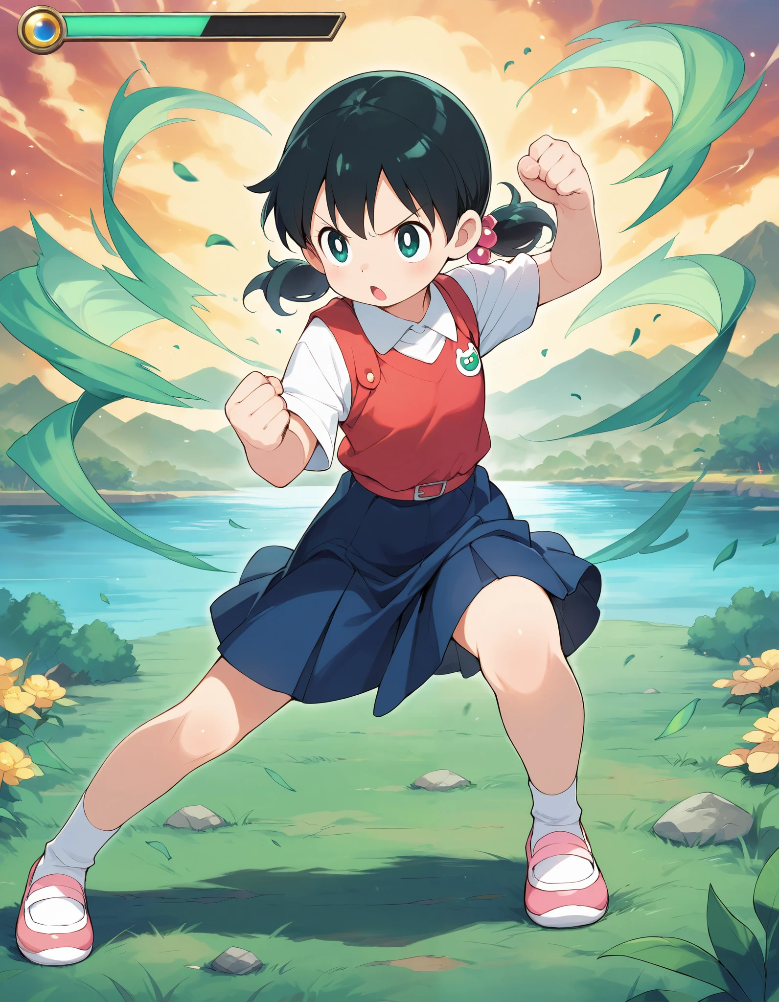 masterpiece,ultra-detailed CG illustration,top quality, best quality, minamoto shizuka \(doraemon\),,fighting stance, health bar,solo focus