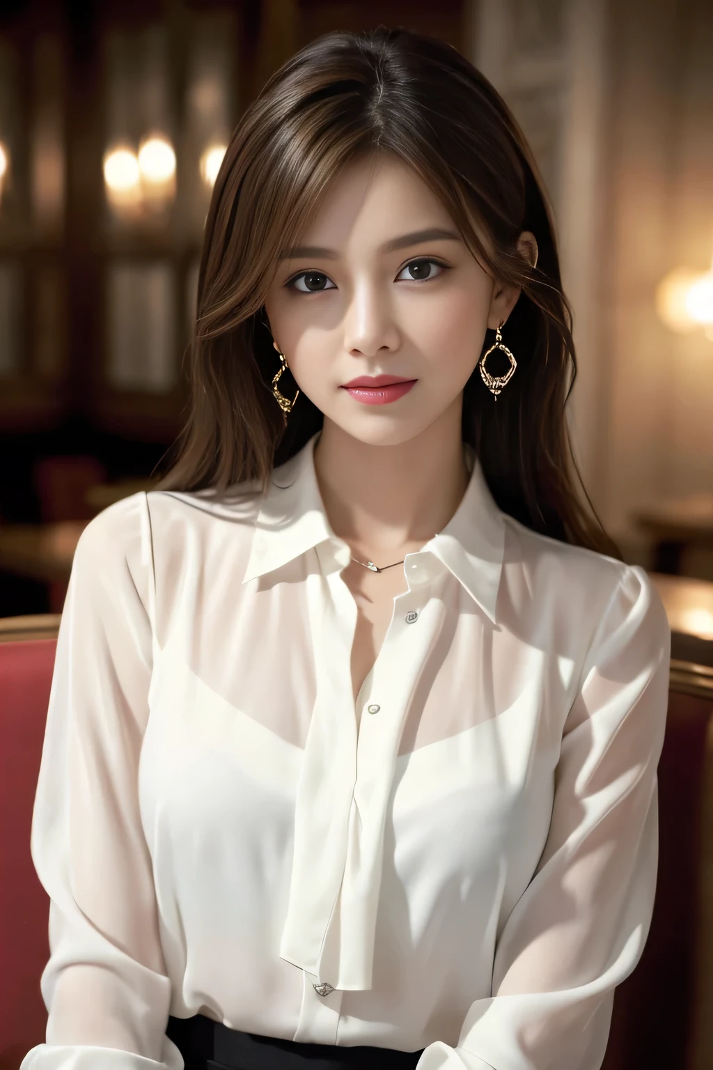 masterpiece, highest quality, Realistic, Very detailed, Finer details, High resolution, 8k wallpaper, One beautiful woman, Wear an elegant white see-through blouse, In a great restaurant, At night, Light brown messy hair, Perfect dynamic composition, Beautiful and beautiful eyes、Big earrings、Sitting in a chair、
