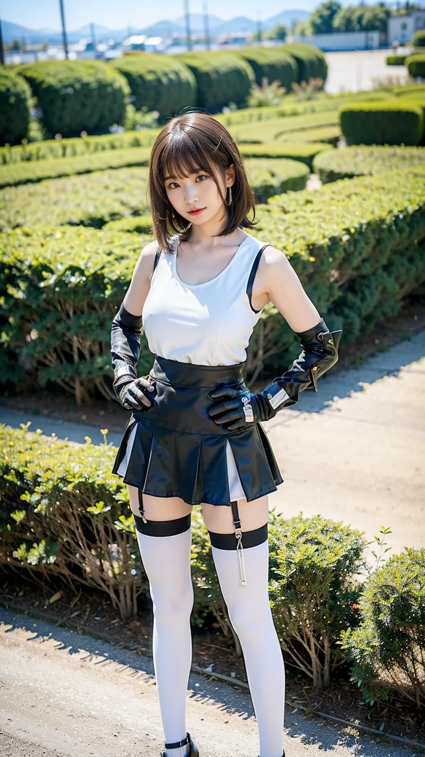 (8k、RAW Photos、Highest quality、masterpiece:1.2)、(Realistic、Realistic)、1 person、((black and white、Cleavage、Medium Hair、tights、Gloves、Garter Ring、mini skirt、Thin legs、whole body、boots、View from the front、Looking into the camera、garden、Stand with hands on hips))、cute