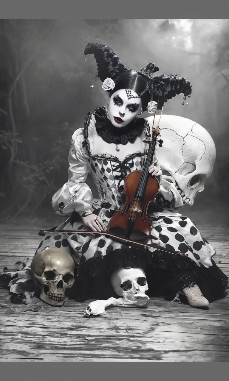 A beautiful 30-year-old woman, white skin, blonde hair with bangs, on her face a half-monstrous mask, almost naked with only red transparent fishnet stockings, big tits with her nipples visible, full-length sitting playing a cello, in a room with three or four cats in the background, hyper-realistic image, 4K quality