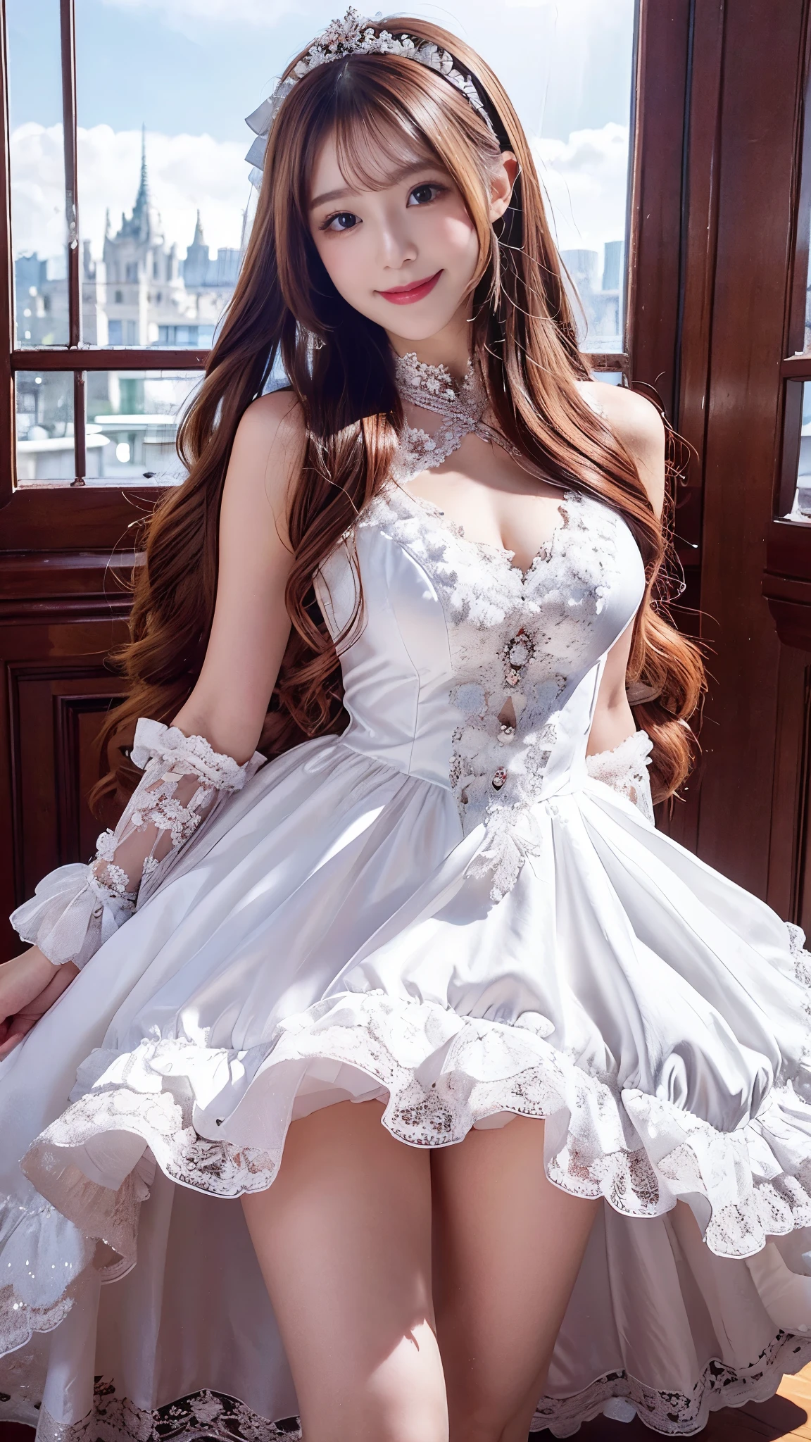 pretty woman , Chestnut hair , beautiful eyes , Smile, actual , Full HD, very beautiful dress ,White ta , Fluffy Dress , Curved Body,Magnificent views , gorgeous decoration ,Long gown,