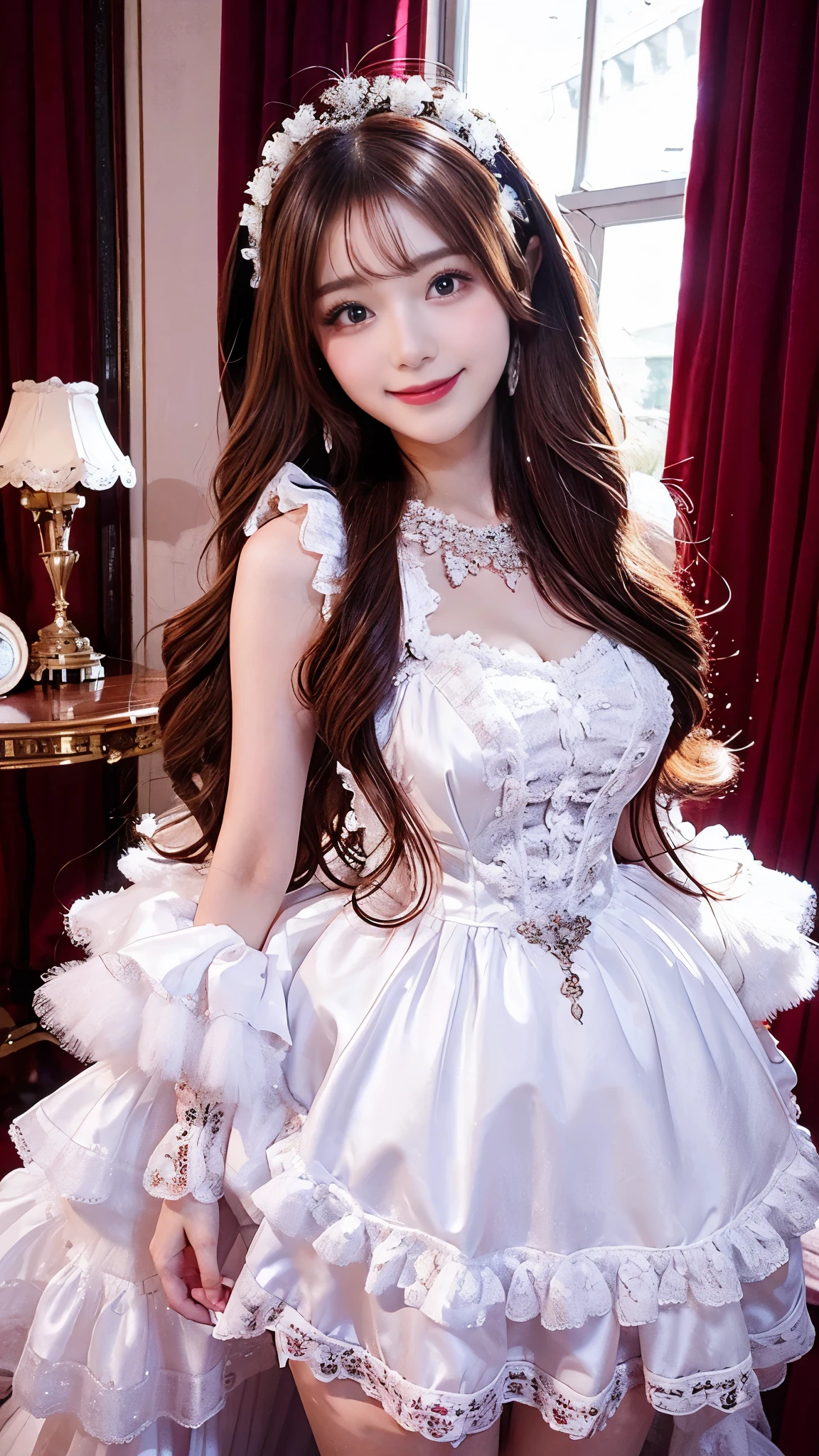     pretty woman ,     Chestnut hair    ,      beautiful eyes  ,    Smile,  actual , Full HD,    very beautiful dress  ，White ta ， Fluffy Dress  ， Curved Body，Magnificent views ， gorgeous decoration ，Long gown，
