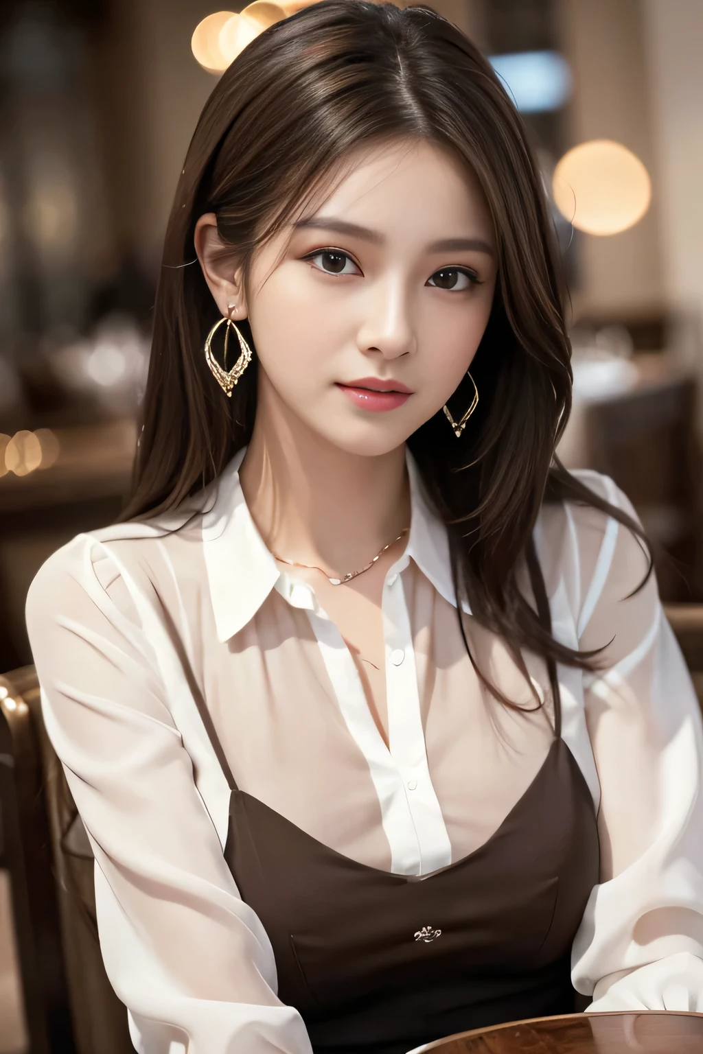 masterpiece, Highest quality, Realistic, Very detailed, Finer details, High resolution, 8k wallpaper, One beautiful woman, Wear an elegant black see-through shirt, In a great restaurant, At night, Light brown messy hair, Perfect dynamic composition, Beautiful and beautiful eyes、Big earrings、Sleeveless shirt、