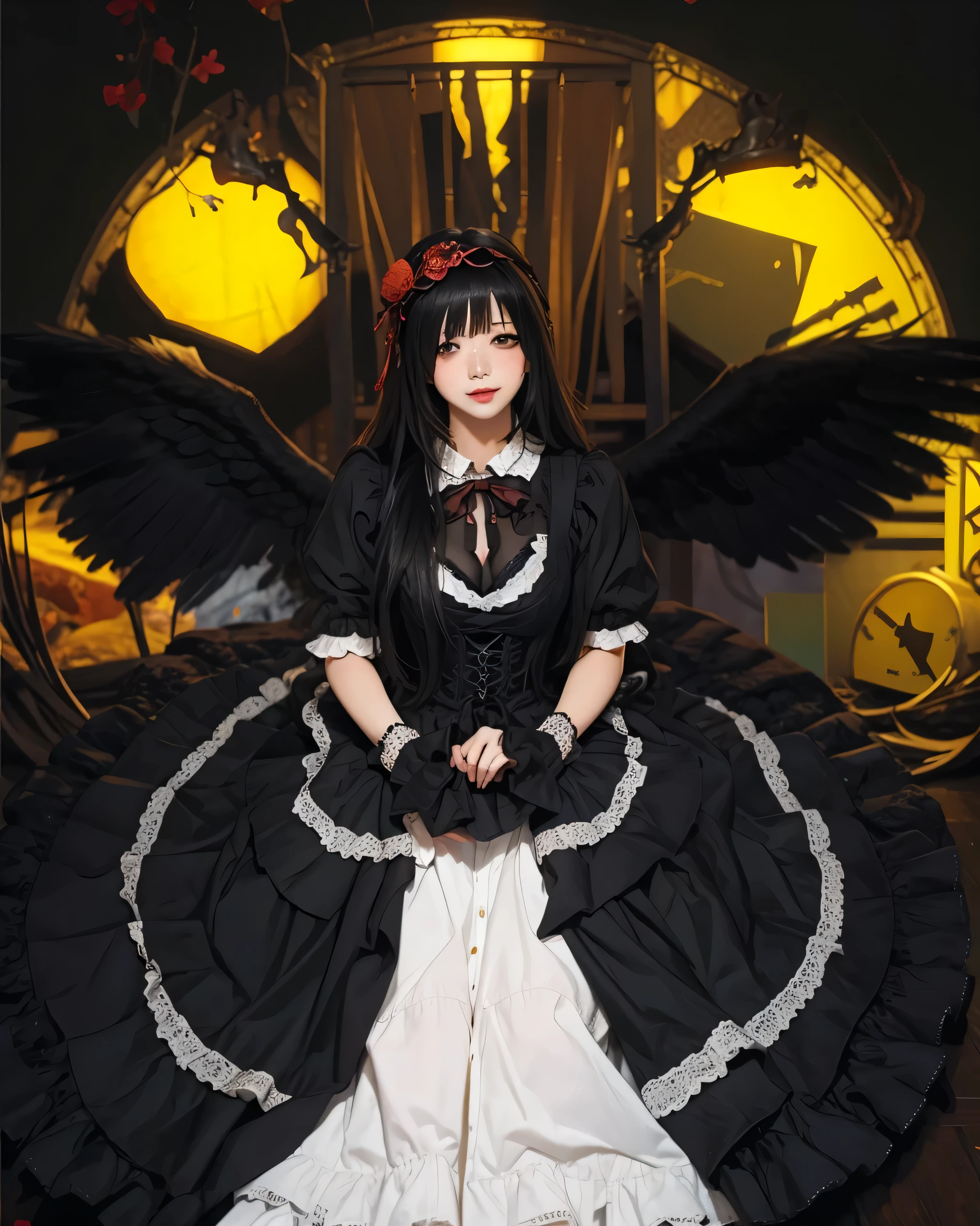 ((KURUMI TOKISAKI BLACK DRESS_DATE A LIVE)),((realistic, photorealistic)),(highlight hair)), Light reflection, (( HD )),((upper body)), (((best quality, masterpiece))), (masterpiece) (best quality) (detail) (8k) (HDR) (wallpaper) (cinematic lighting) (sharp focuasterpiece, best quality: 1.1), Real life adaption of this character, realistic outfit, realistic shadow, realistic light, realism, hyper realistic, realistic background,realistic hair,(photorealistic:1.2), (masterpiece: 1.2), (best quality: 1.3), (clear details: 1.3), ((((ultra-detailed)))), ((detailed eyes)), (extremely detailed face:1.4), (highly detailed eyelash:1.6), kurumitokisaki, tokisaki kurumi, black hair, low twintails, (hair over one eye:1.5), (red eyes:1.2), (small breast:1.2), BREAK blush, smile, thighhighs, bow, ribbon, cleavage, frills, apron, white thighhighs, wrist cuffs, garter straps, BREAK looking at viewer, BREAK indoors, bed, bedroom, BREAK (masterpiece:1.2), best quality, high resolution, unity 8k wallpaper, (illustration:0.8), (beautiful detailed eyes:1.6), extremely detailed face, perfect lighting, extremely detailed CG, (perfect hands, perfect anatomy),girl with、Shoulders bare、Black hair、long boots、clock eyes、Detached sleeves、frilly dress、frilld、Gothic ta、Loliashion、Lolita HBand、Platform boots、black dress、Red Eyes、Solo、symbol-shaped pupils、Kurumi Tokisaki、Twin-tailed、Uneven twin tails、Yellow eyes、cleavage of the breast、Super Long Black Tights、Large breasts、Embarrassed look、Night city, Time background, black wings