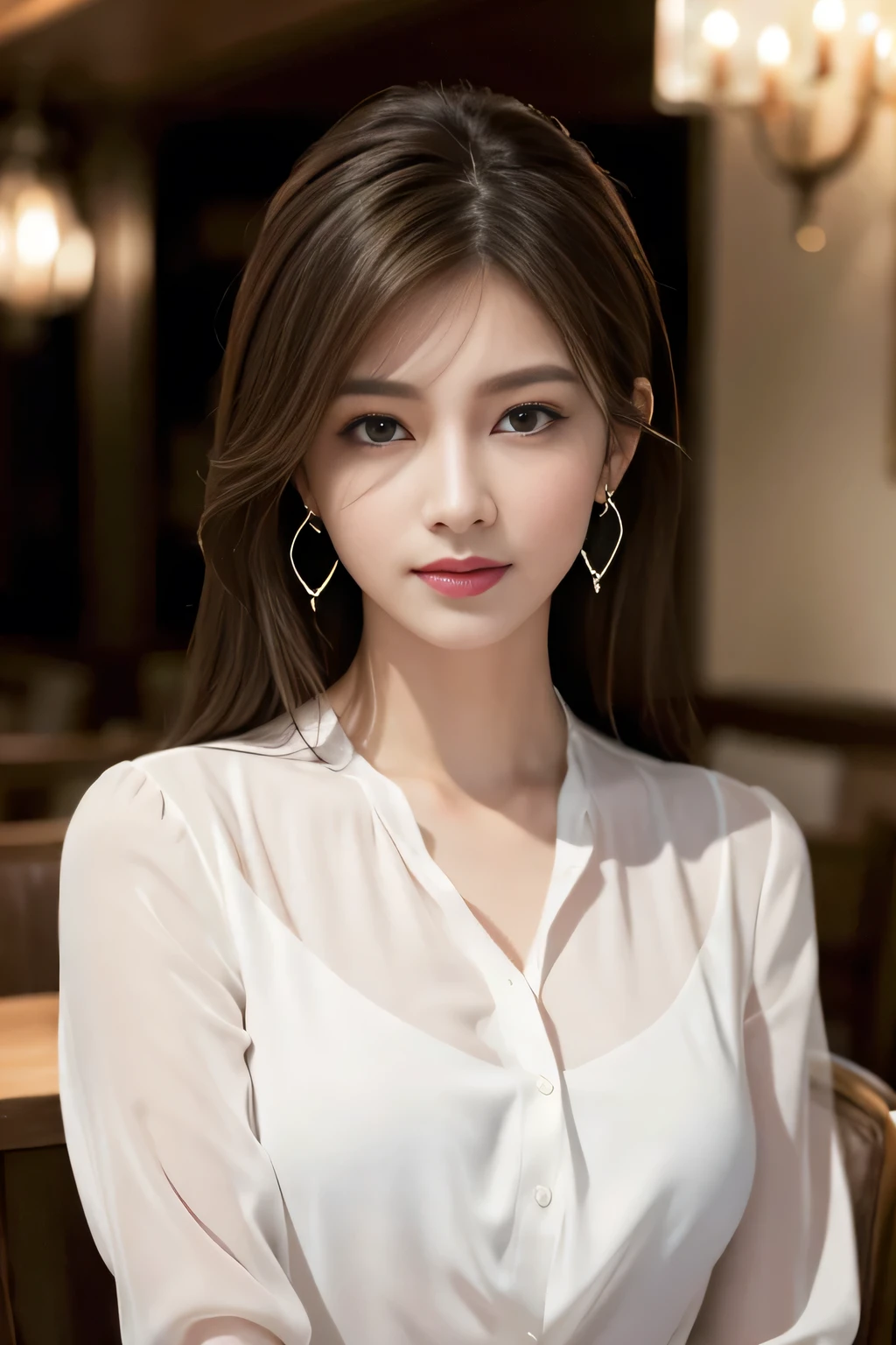 masterpiece, highest quality, Realistic, Very detailed, Finer details, High resolution, 8k wallpaper, One beautiful woman, Wear a pearl white see-through shirt, In a great restaurant, At night, Light brown messy hair, Perfect dynamic composition, Beautiful and beautiful eyes、Big earrings