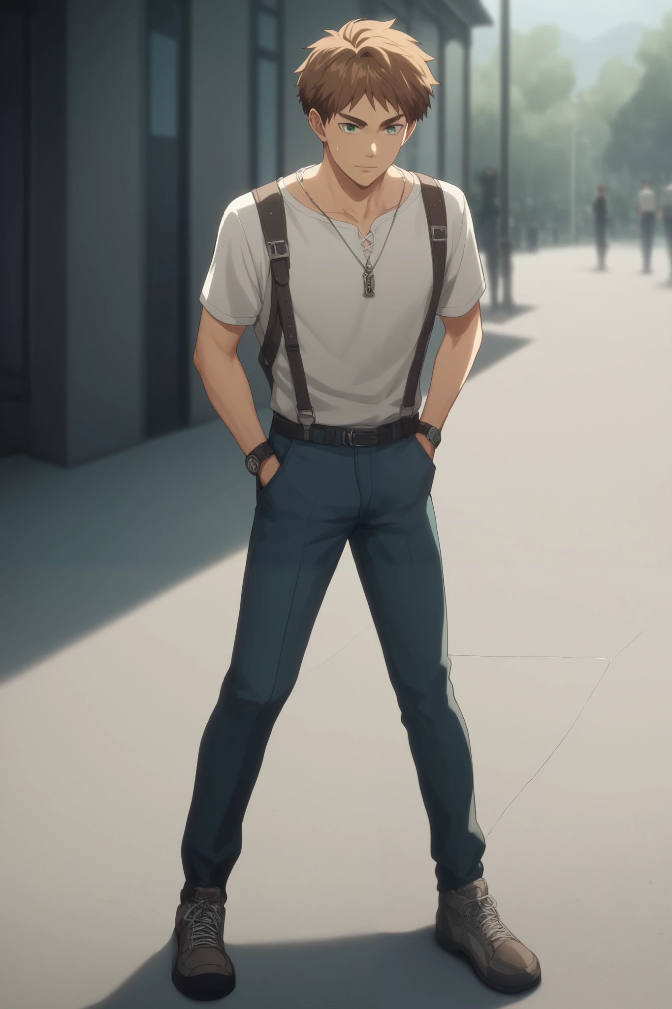  result_9,  result_8_higher,  result_7_higher,  result_6_higher,  result_5_higher,  result_4_higher, BREAK المصدر_Anime,  1 boy , Alone,  male focus ,  full body , He was_Yeager , brown hair,   with green eyes ,  national costume , , 