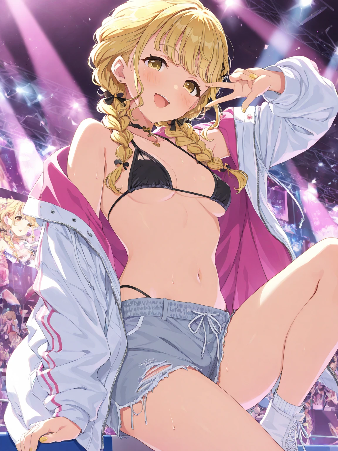(best quality:1.1), (masterpiece:1.4), 1girl, solo, <lora:YaBoyKongming-Eiko-release-1.0x:0.8>, (medium breasts:1.1), smile, blush, Externally expanded Chest, holding microphone, on stage, off-the-shoulder, bent over, black-yellow-pink jacket, baseball cap, (Strapless:1.4),