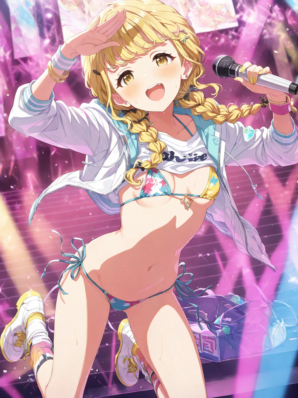 Light brown hair、Silver Eyeicro Bikini、Tiny swimsuit、Sweaty、Wet Body、Idol Stage、View here、Outdoor Stage、Blue sky、