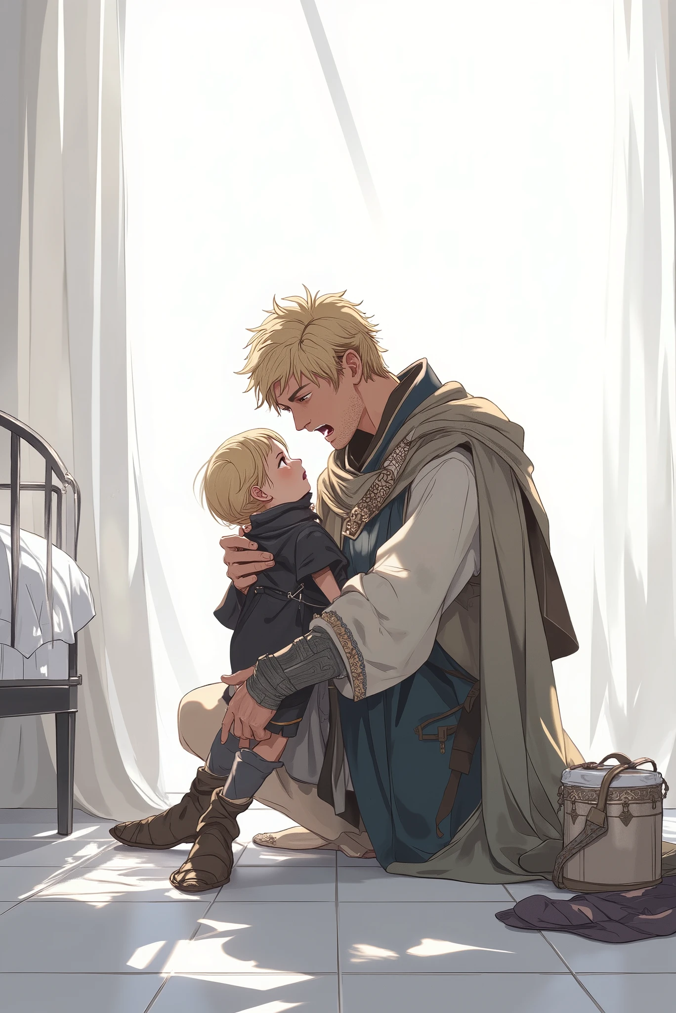  A blond father crying , Screaming ,  while holding a blond  in his lap. Environment: Room all white , a bed next to you. Style: anime.  Sad Details .  medieval clothes 