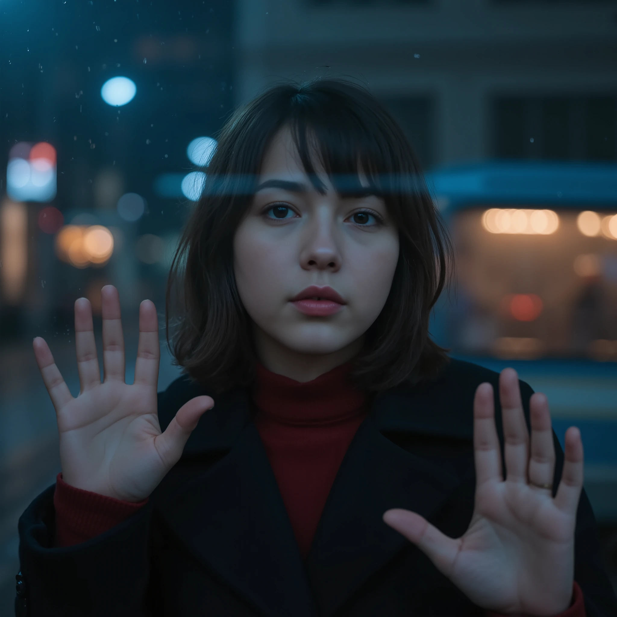 A hyper-realistic digital painting of a young woman standing behind a rain-covered glass window at night. She wears a dark coat over a high-necked, deep red sweater, suggesting a cold atmosphere. Her hands are gently pressed against the fogged-up glass, with fingers slightly spread apart. Her dark brown hair is styled with soft bangs framing her face, and she has a melancholic expression, her deep eyes gazing into the distance as if lost in thought. The urban night scene outside is filled with blurred city lights and the reflection of a bus, creating a cinematic bokeh effect. The color palette is moody and atmospheric, dominated by cool blue tones with warm hints from city lights and a fluorescent glow inside. The wet glass distorts the reflections, adding depth and a sense of isolation. The lighting is dramatic, with soft highlights on her face and shadows enhancing the emotional depth. The image is sharp and textured, with visible rain droplets on the glass and detailed facial features, creating a photorealistic masterpiece.
