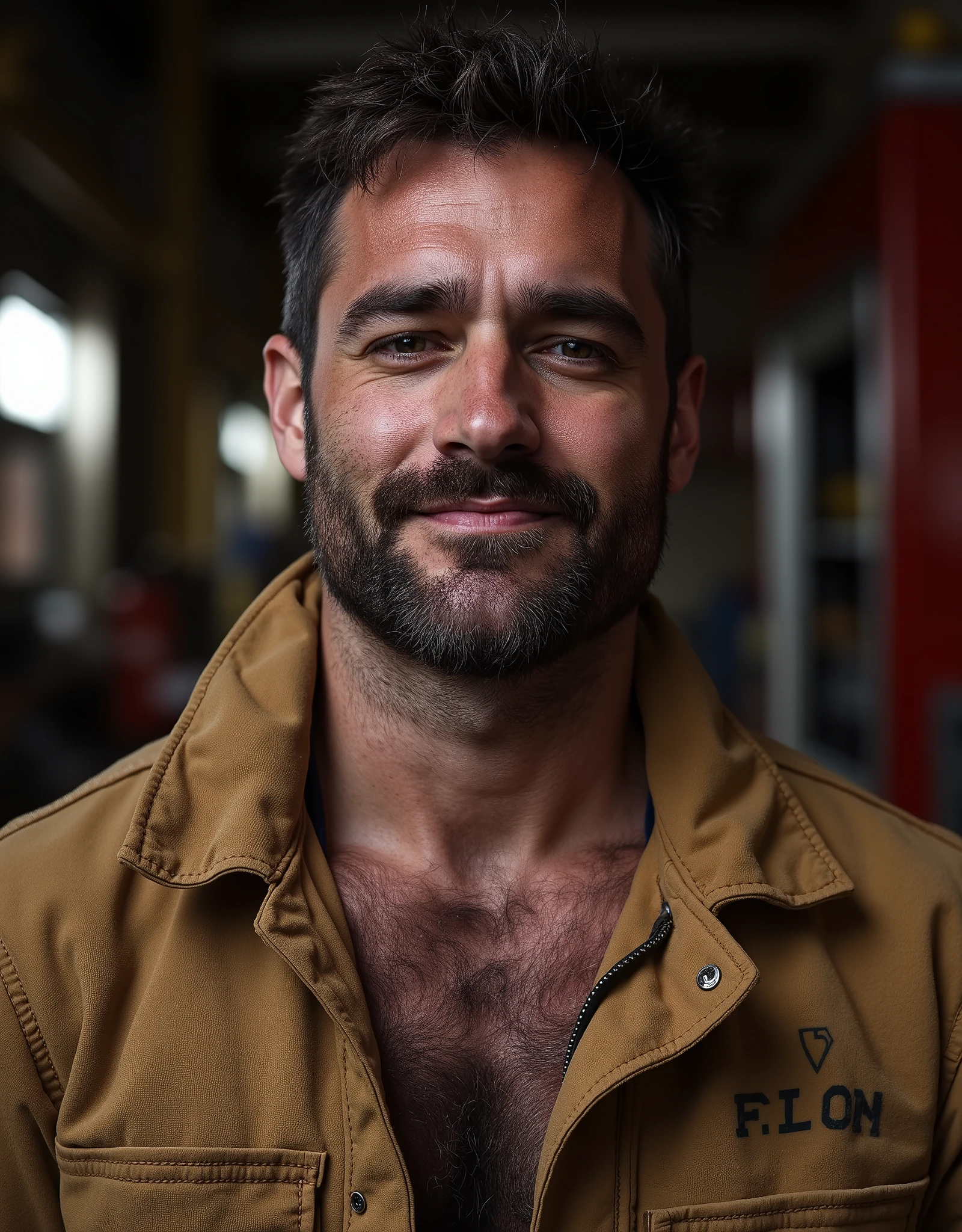 masterpiece, best quality, high resolution, upper body portrait, male focus, solo focus, A man, 30 years old, with firefighter uniform, firefighter suit, firefighter,  messy hair, messy hairstyle, smirk, cute and seductive face, bare chest, body hair, facial hair, roman nose, scruffy, hairy abs,  skinny body, hairy legs, undressed undone uniform, dimples, beard, bold jawline , in the background a fire station,  view from below, amazing composition, front view, HDR, ultra quality, elegant, highly detailed