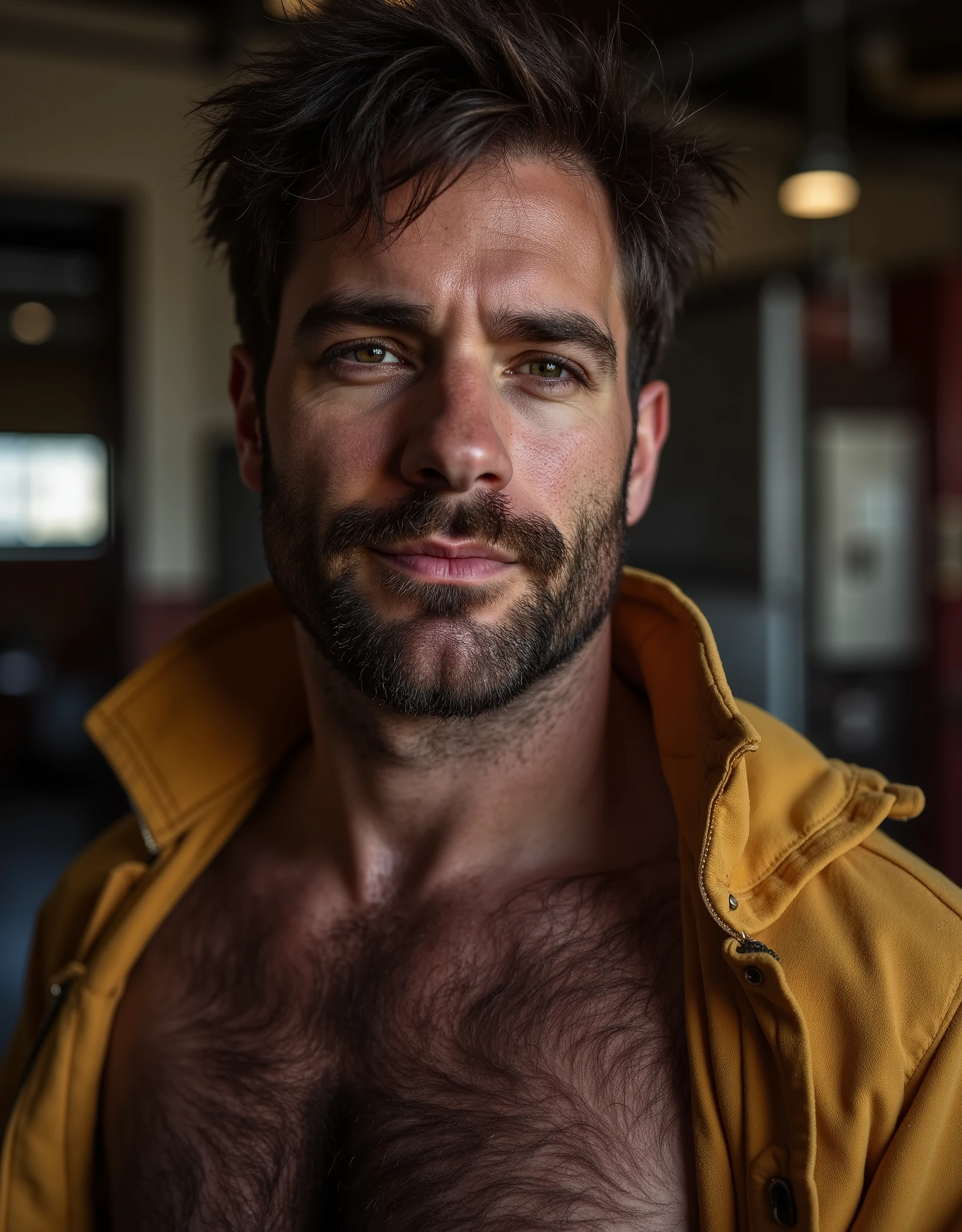 masterpiece, best quality, high resolution, closeup portrait, male focus, solo focus, A man, 30 years old, with firefighter uniform, firefighter suit, firefighter,  messy hair, messy hairstyle, smirk, cute and seductive face, bare chest, body hair, facial hair, roman nose, scruffy, hairy abs,  skinny body, hairy legs, undressed undone uniform, dimples, beard, bold jawline , in the background a fire station,  view from below, amazing composition, front view, HDR, ultra quality, elegant, highly detailed