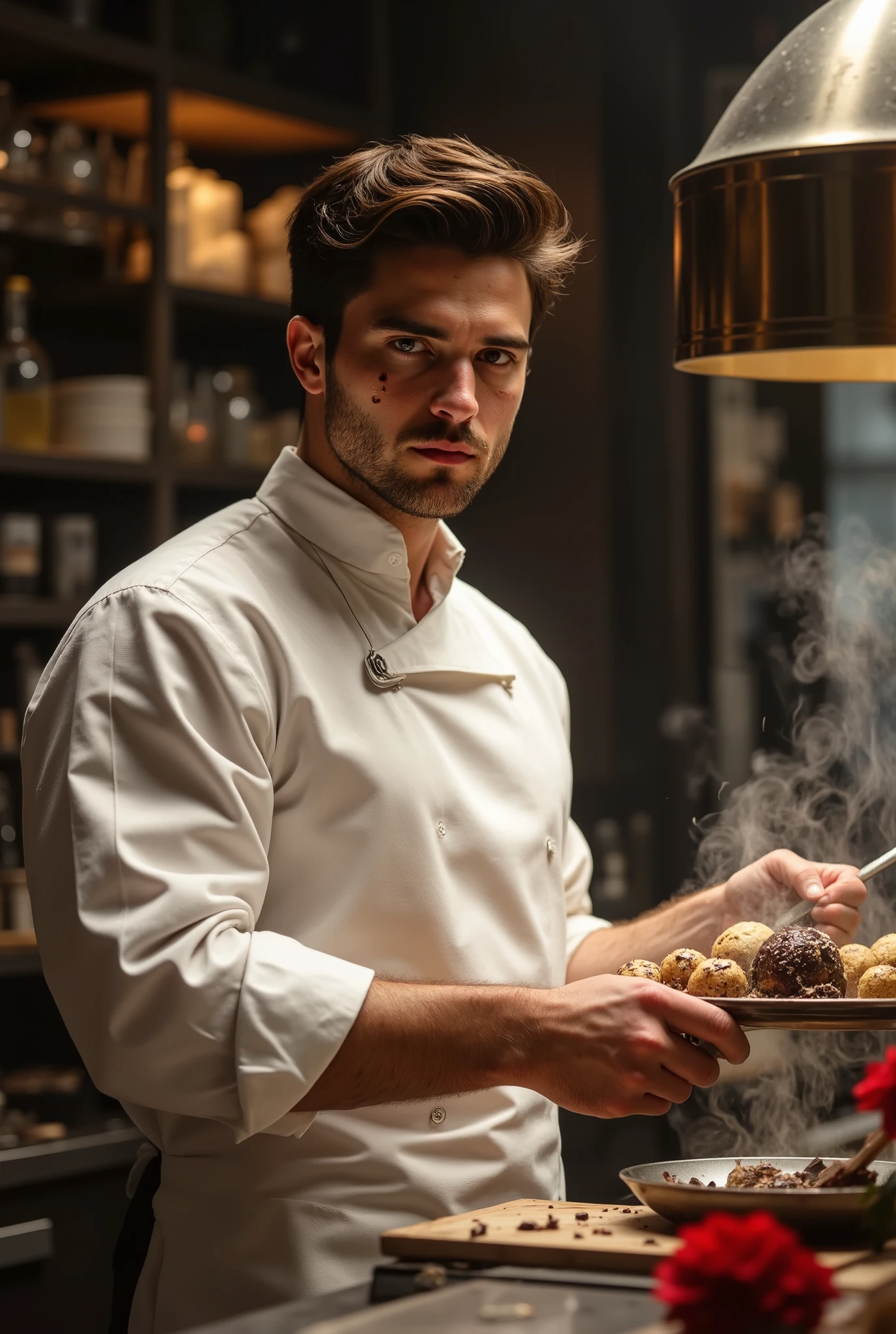 Neo-baroque style, oil pastel blend, a young man (scar on cheek, melted chocolate on cheek, sharp eyes aiming for his prey, standing, holding cooking balls in one hand and a spatula in the other, mixing the cooking balls with the spatula, wearing a white apron over his dangerous mafia-like outfit), holding a floral gift with delicious melted chocolate in the cooking balls, side shot, modern kitchen background, dangerous aura, cooking scene, glamorous and luxurious setting, warm and rich color tones, intricate details, dramatic lighting, intense expression, smoky atmosphere, UHD, retina, masterpiece, accurate, anatomically correct, textured skin, super detailed, high detail, high quality, best quality, high resolution, 1080P, HD, 16k
