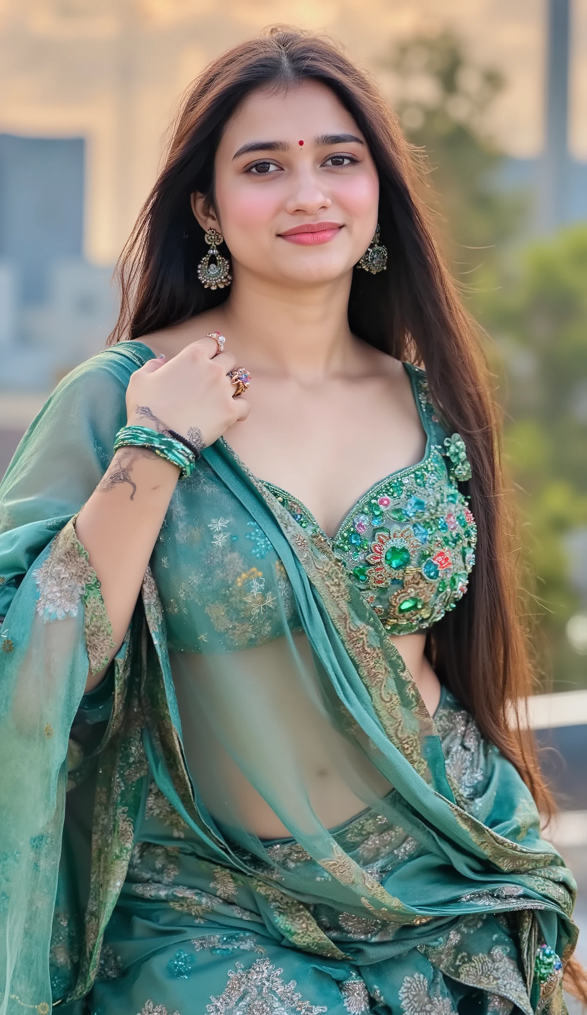 1 girl, strong girl, long hair styled in an elegant updo, looking at the viewer with a confident and radiant smile, wearing a red short-sleeve tie front traditional  arabic sleeveless blouse, detailed embroidery on the sleeve edges, and a matching transparent netted blue draped bottom piece with an embellished waistband. Exposed midriff and visible navel, highlighting her toned waist and curvy figure. She wears traditional Indian jewelry, including gold dangling earrings and a set of colorful bangles. Detailed, smooth skin with a natural glow, expressive and perfectly shaped eyes, small bindi on her forehead, and in an outdoor, natural setting with soft lighting,full body shot, massive boobs, hourglass body, Big thighs, revealing thighs,sexy figure, deep cleavage 