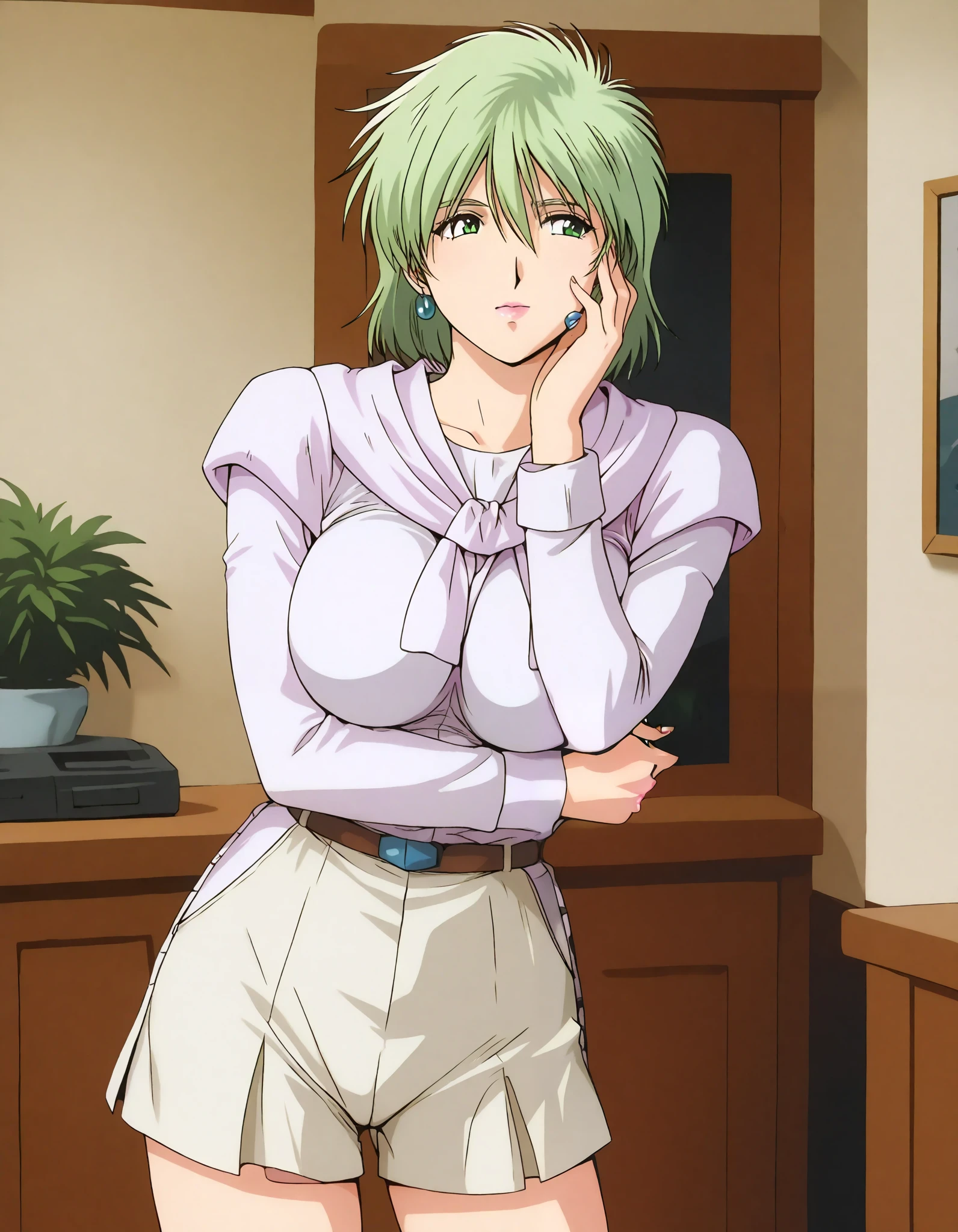  masterpiece,  top quality,  good quality ,  1 girl,Alone,cowboy shot, is standing, slapping their hands on their cheeks,(1990s \( style\):0.2),  Antique Room , Ainasa Halim  , green hair, green eyes, short hair,lips,lipstick, big breasts,(smile:0.5), closed my mouth, white shirt,Beige culottes,Bare thigh,A cardigan wrapped around the neck,  Cross Arms  ,