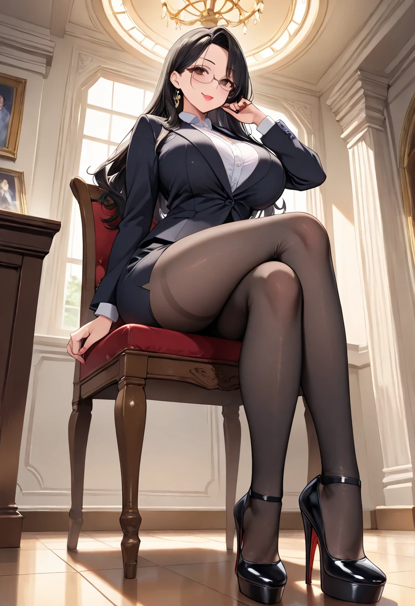 Best quality, masterpiece, ultra high res, (photorealistic:1.4), raw photo, 1girl, beautiful face, beautiful eyes, beautiful lips, big melon-sized , ((black formal office suit, black trouser)), ((thick thigh, protruding crotch, perfect proportion)), crotch emphasized, hotel background, black satin suit, crying, screaming, moaning, in pain, pleasured, nsfw, bdsm, sex with tentacles, still wearing whole black pants while having sex, hole on the crotch of black pants, creampied, cumming, whitish liquid streaming from pussy, big puddle of whitish fluid in between thighs