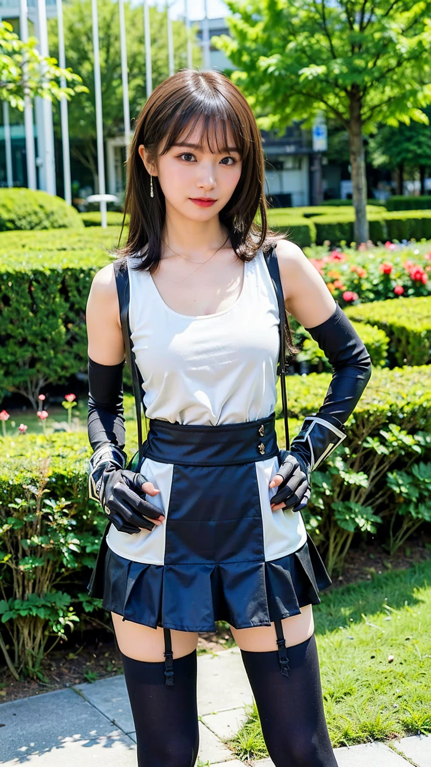 (8k、RAW Photos、highest quality、masterpiece:1.2)、(Realistic、Realistic)、1 girl、((White tank top、belt、smile、Arm support、Fingerless gloves、Black Mini Skirt、Large Breasts、Belly button、View from the front、garden、Garter belt、Underarm、whole body、short boots、Standing with hands on hips))、Lots of eyelashes、Glowing eyelids、skeletally correct