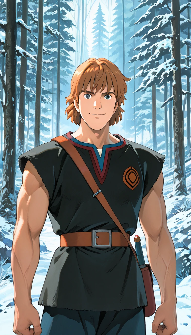 (1boy, Kristoff), (extremely detailed CG unit 8k wallpaper),(master part), (best quality), (ultra detail), (best illustration),(ghibli_style), cowboy shot, standing, facing viewer, looking at viewer, perfect face, perfect eyes, perfect fingers, (Sharp eyeliner, ombre, detailed eyes:1), traditional media, ghibli landscapes, scenery, forest , winter, outdoors, break , upper body, solo, smile, (muscular)