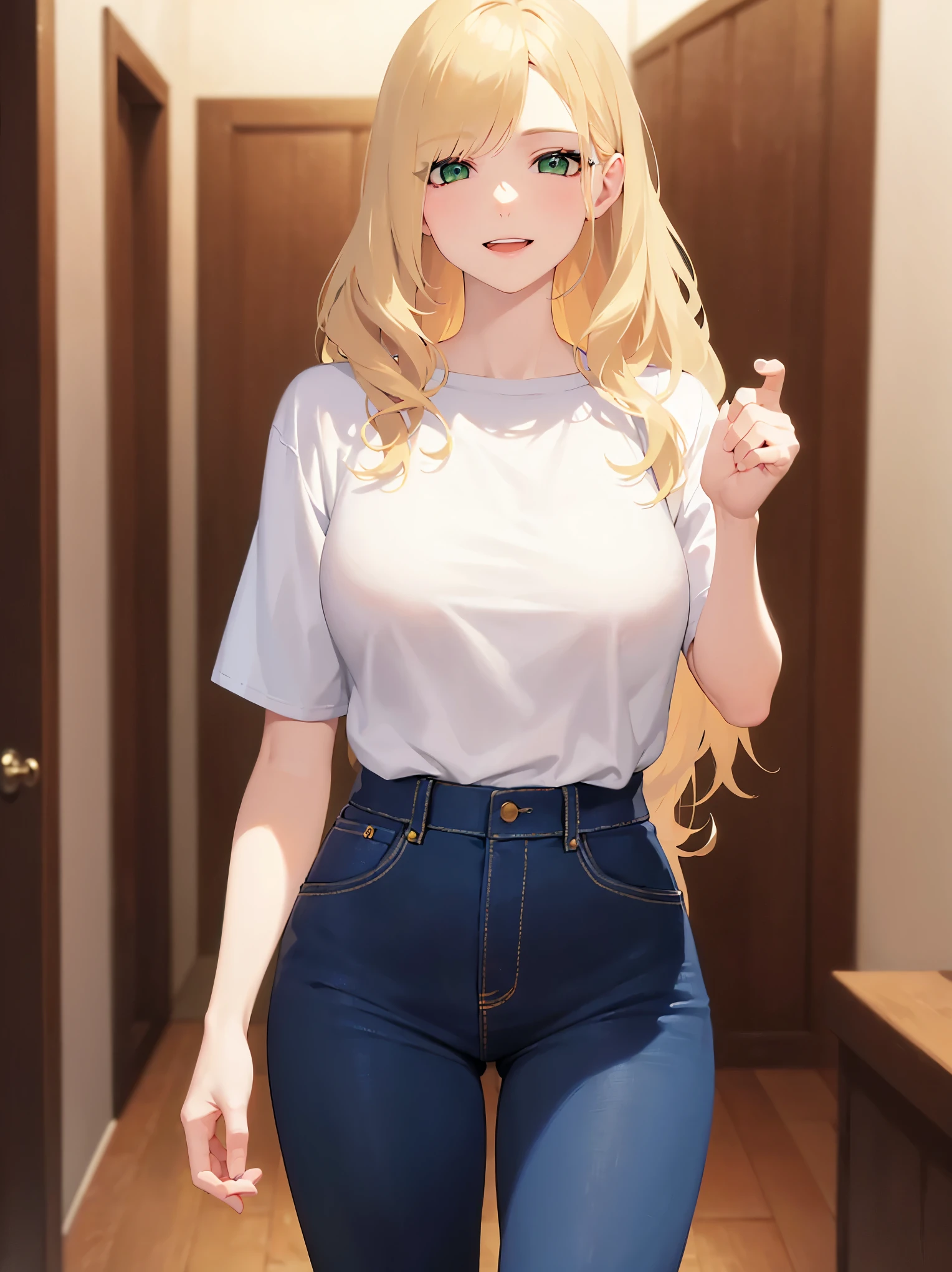 ((masterpiece)), ((best quality)), (ultra-detailed), ((extremely detailed)), 4K, (8K), best quality, (beautiful), anime style, dynamic angle, look up from below, office, a cute girl, 1girl, solo, sweater, beautiful gold hair, beautiful light blue eyes, ((beautiful eyes)), slim, slender, necklace, smile, sparkling effect, glitter effect, luminous effect, lens flare ((skinny jeans))