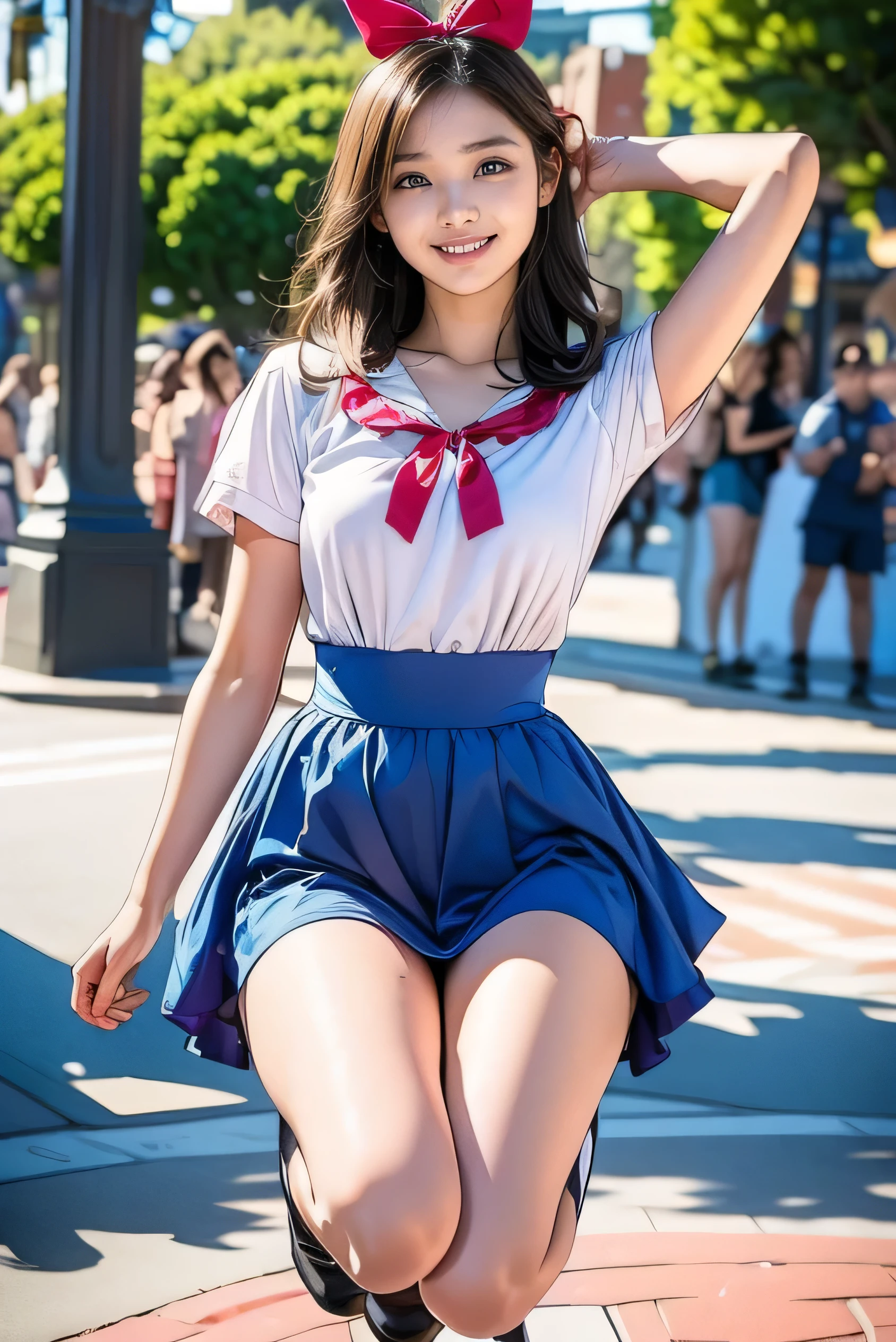 Girl Standing In The City,Long sleeve white sailor vale with otard skirt,White sheer tights,Red bow tie,Yellow hair band with ribbon ribbon,18year old,Bangs,A little smile,thighs thighs thighs thighs,Crotch,Knees,hair blowing in wind,From below