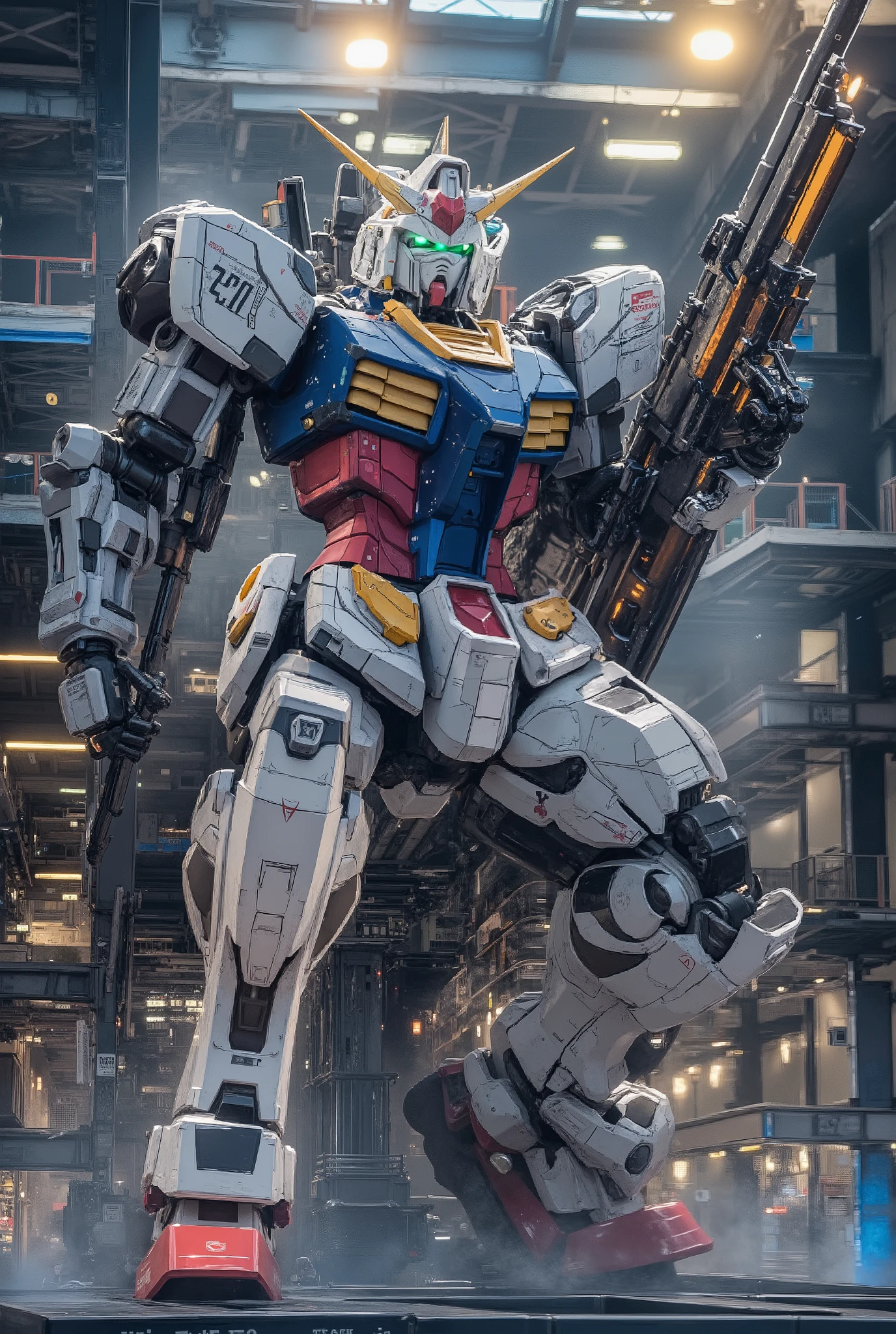 Gundam, real ,16k, high image quality, by Nomi, top quality, Masterpiece, super detailed,Human movement, sleek sharp design, shield on the left hand , holding a beam rifle in the right hand, detailed design,金属の real な質感,metal,背景は real な砂漠の戦場,Poses where you hold a beam rifle on your knees, Perfect Details