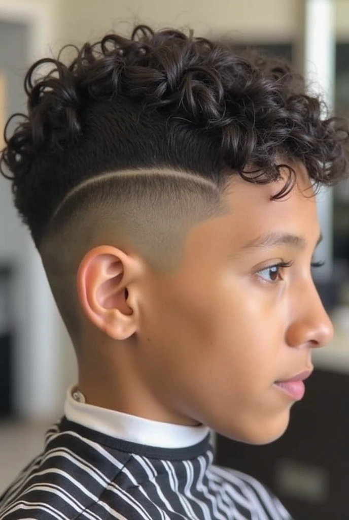 Teenager with curly hair , mid fade cut