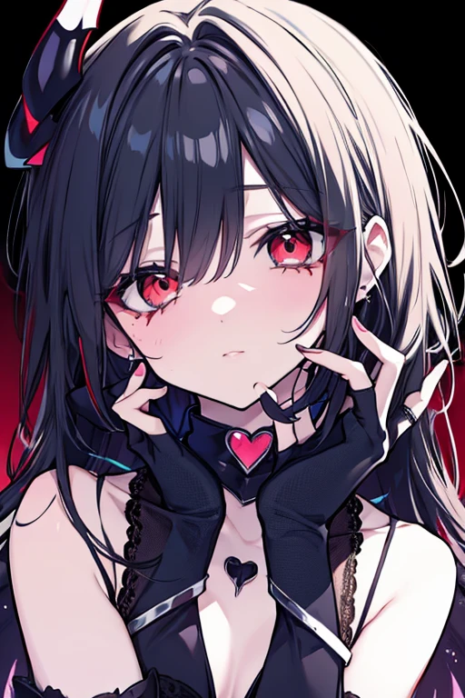 (8k、Top image quality、top-quality、masterpiece)、1 girl in、Black hair twintails、blunt bangs、red eyes、Show your teeth and smile、piercings、long ears、piercings、demonic horns、tiny chest、Black Micro Bikini、blackshort shorts、platform leather shoes、Sit on a black bed、wariza、Taken from above