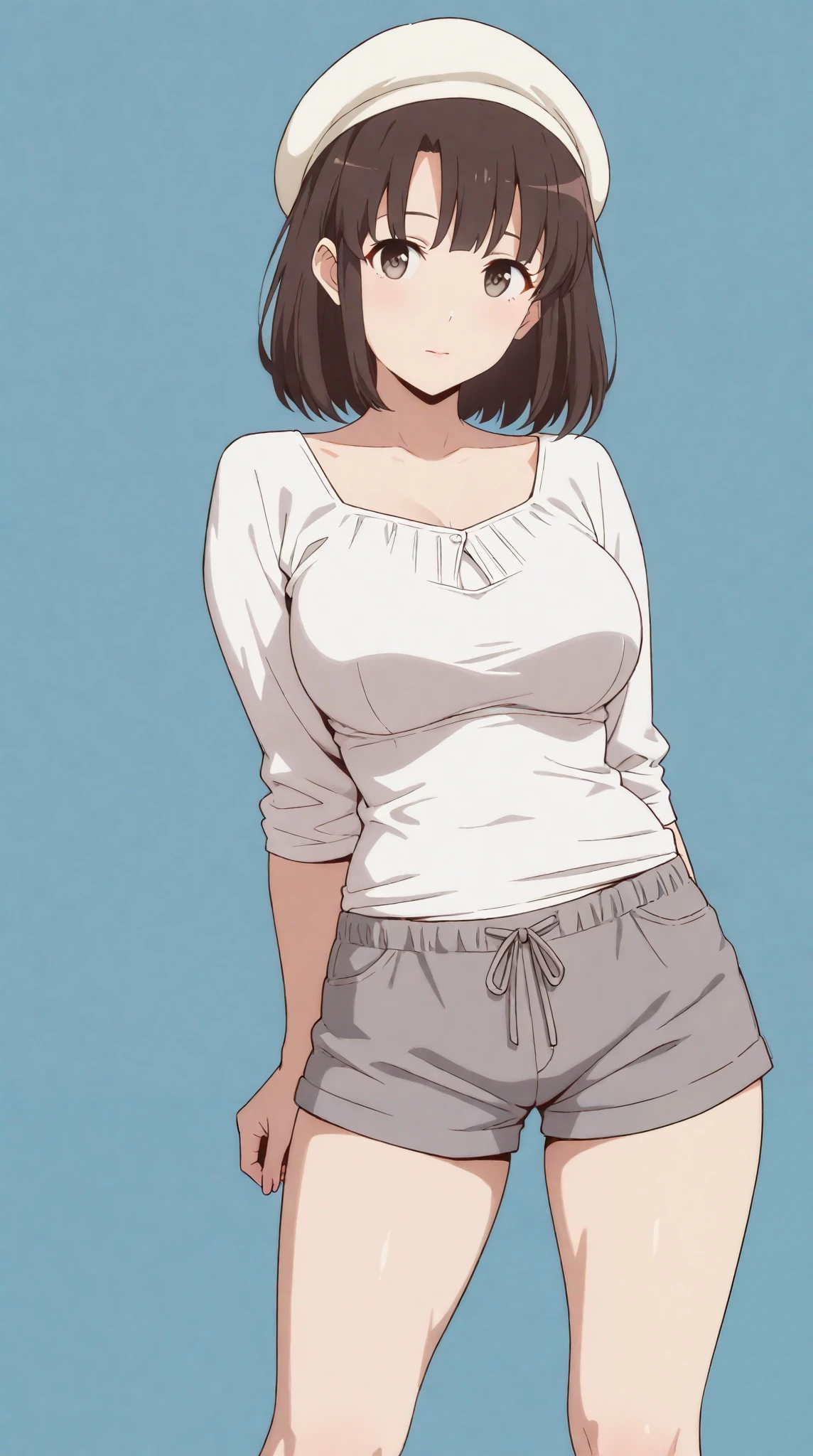 masterpiece, extremely detailed,perfect skin texture,4k,solo,1girl,adult ,((fullbody)),stand up,katou megumi, brown hair, brown eyes, white beret, expressive,sexy legs,perfect body,large breasts,white shirt,grey shorts,housewife,soft light, high detailed, best quality, upper body, blue plain background ,blue background,looking at viewers,front look,sexy pose, photography,cowboy shot