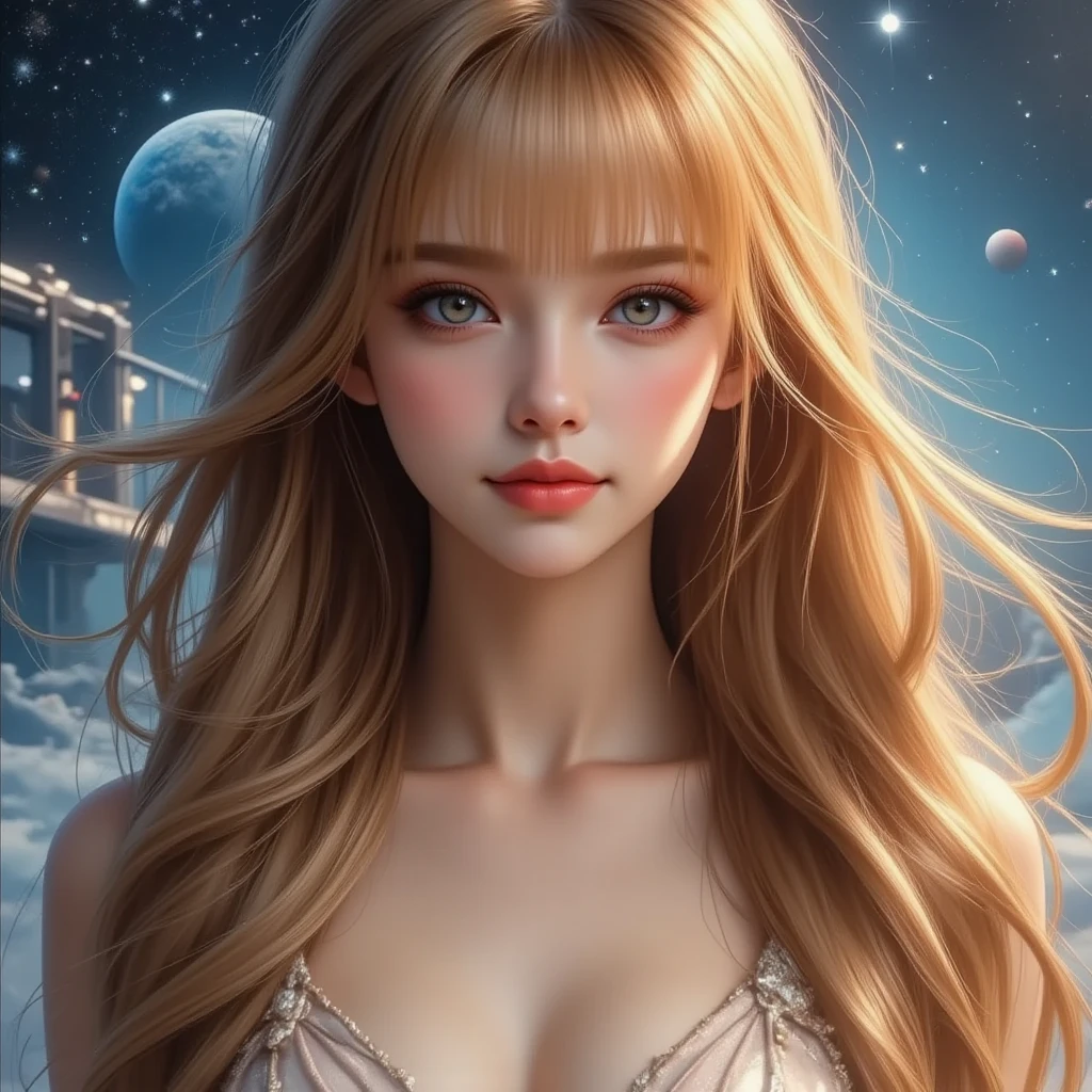 (best quality, masterpiece), young woman, pose, particle, wind, flower, upper body, simple background, looking at viewer, long curly windblown blonde hair, galaxy,backlit,rimlight,beautiful artwork,perfect composition
