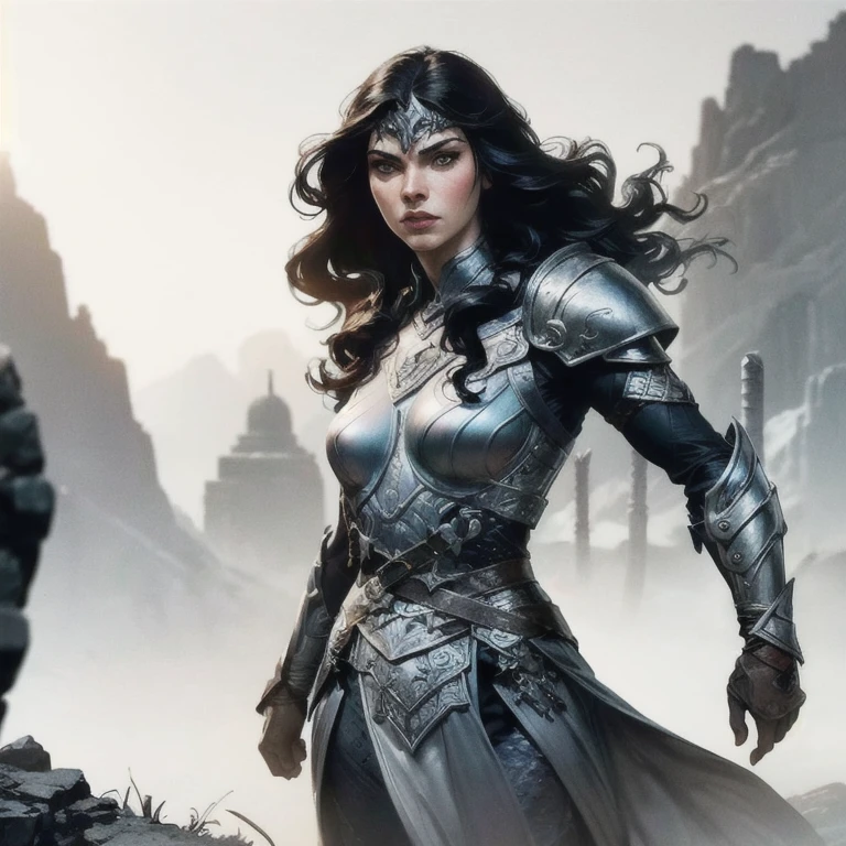 Create an image of the 'Porcelain Assassin,' a lethal ninja clad entirely in sleek dde fondo se veia una batalla, white armor that resembles delicate porcelain. Her figure is graceful yet deadly, with the armor intricately designed, featuring subtle floral patterns and cracks that mimic the look of fine porcelain, yet reinforced with high-tech materials for flexibility and protection. Her face is partially concealed by a porcelain mask, with only her piercing, ice-cold eyes visible, reflecting a steely focus and precision. In a dynamic combat stance, she wields a pair of razor-sharp katanas, their blades gleaming with an ethereal, cold light. Several other weapons are strategically placed on her person—throwing stars, concealed daggers, and a small crossbow strapped to her back. The white fabric of her outfit flows with her movements, blending seamlessly into the snowy environment around her. The background is a dark, moonlit night in a secluded bamboo forest, with snow gently falling, contrasting against her pure white form. The trees cast long shadows, and the ground is lightly dusted with snow, further emphasizing her ability to blend into her surroundings. The atmosphere is tense, as if she's poised to strike at any moment, her presence both elegant and terrifying, embodying the lethal precision of a master assassin." This prompt should inspire the creation of an image that captures the lethal elegance of the "Porcelain Assassin" in her white ninja armor, fully armed and ready for combat.