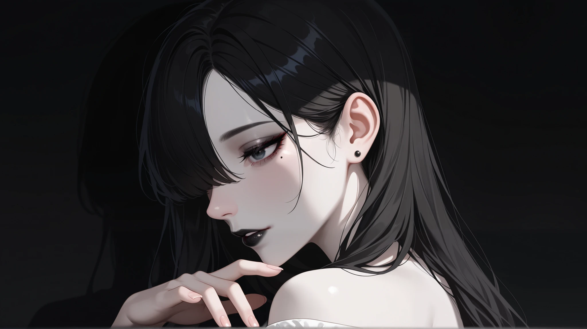 masterpiece, best quality, good quality, very aesthetic, absurdres, newest, 1girl, solo, longhair, side profile, black hair, long hair, hair over one eye, fingernails, eyelashes, full lips, mole under eye, Pale white skin, makeup, half-open eyes, portrait, lipstick, close up, nose, stud earrings, black lips, mascara, realistic, Cinematic Lighting, offshoulder, solemn look, oled black background, strong shadows