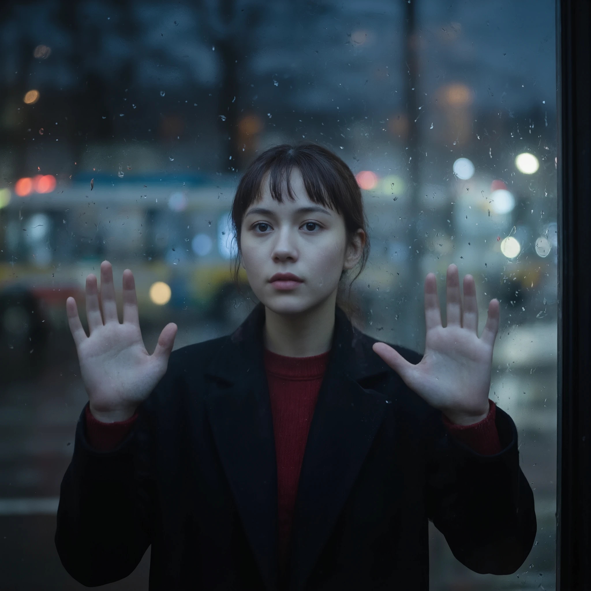 (A professional photograph)++++, hyper-realistic, (a young woman)+++ standing behind a rain-covered glass window, nighttime. Wearing a dark coat over a high-necked, deep red sweater, suggesting cold atmosphere. Her hands gently pressed against fogged-up glass, fingers slightly spread apart. (Dark brown hair styled with soft bangs)++, melancholic expression, deep eyes gazing into distance, lost in thought. Urban night scene outside with blurred city lights and reflection of a bus, creating cinematic bokeh effect. Moody and atmospheric color palette, dominated by cool blue tones with warm city light hints, fluorescent glow inside. Wet glass distorts reflections, adds depth and sense of isolation. Dramatic lighting, soft highlights on face, shadows enhancing emotional depth. Sharp and textured image, visible rain droplets on glass, detailed facial features, photorealistic masterpiece.