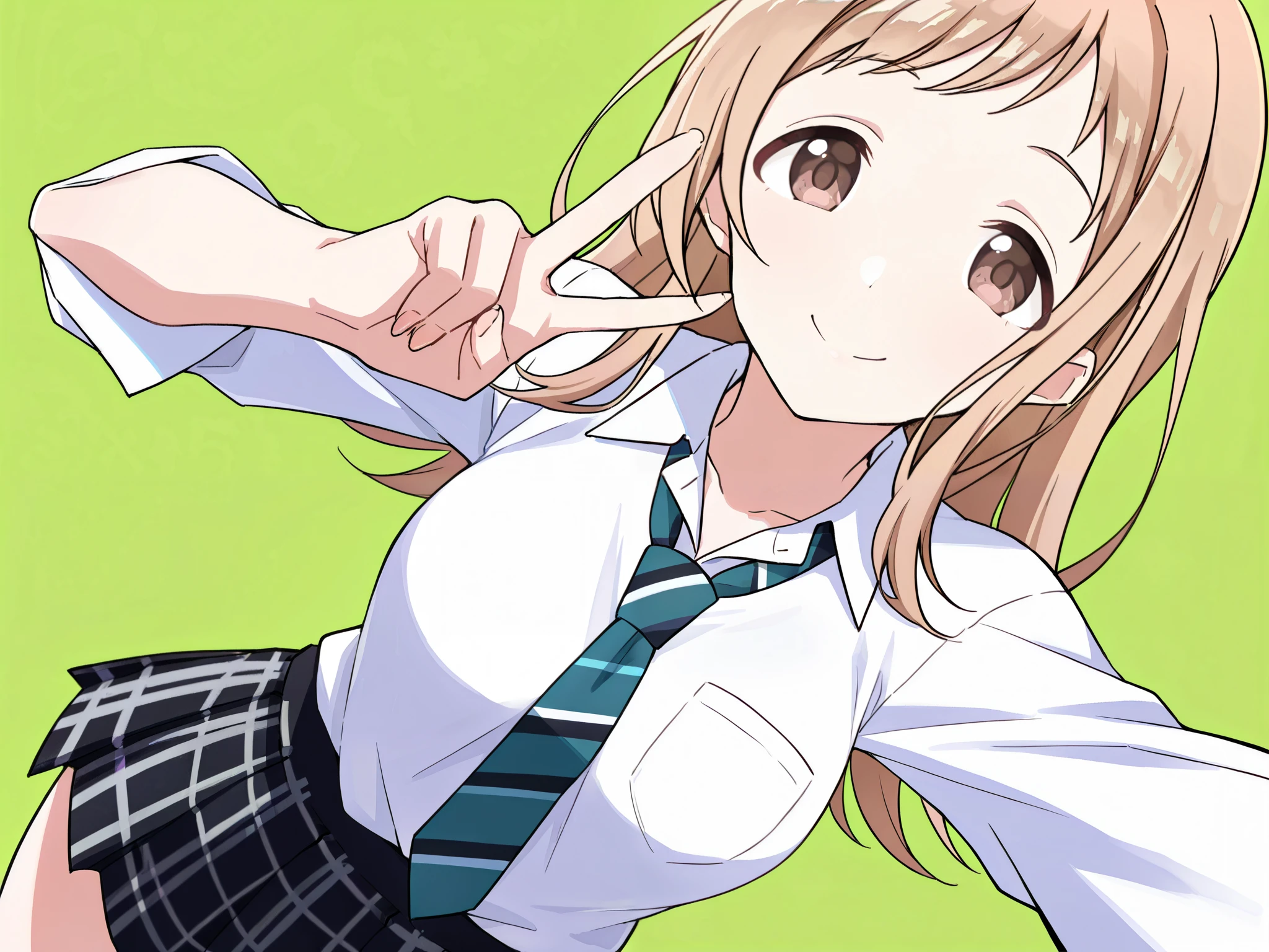  ultra-detailed, (best quality, masterpiece, ultra detailed, ultra high res, absurdres, high-resolution, highest quality, very aesthetic, textile shading, offcial art), (detailed eyes), (detailed face), nsfw, uncensored, (Number of fingers is 5), (sakuragi mano), (alternate costume, alternate hairstyle), (idolmaster shiny colors), (nasuno /(nasuno42/):0.7), black skirt, blonde hair, collared shirt, dress shirt, long hair, miniskirt, pleated skirt, shirt, skirt, (straight hair), three-quarter sleeves, white shirt, necktie, checkered skirt, gyaru, v, smile, outstretched arm, selfie, dutch angle, green background, simple background,