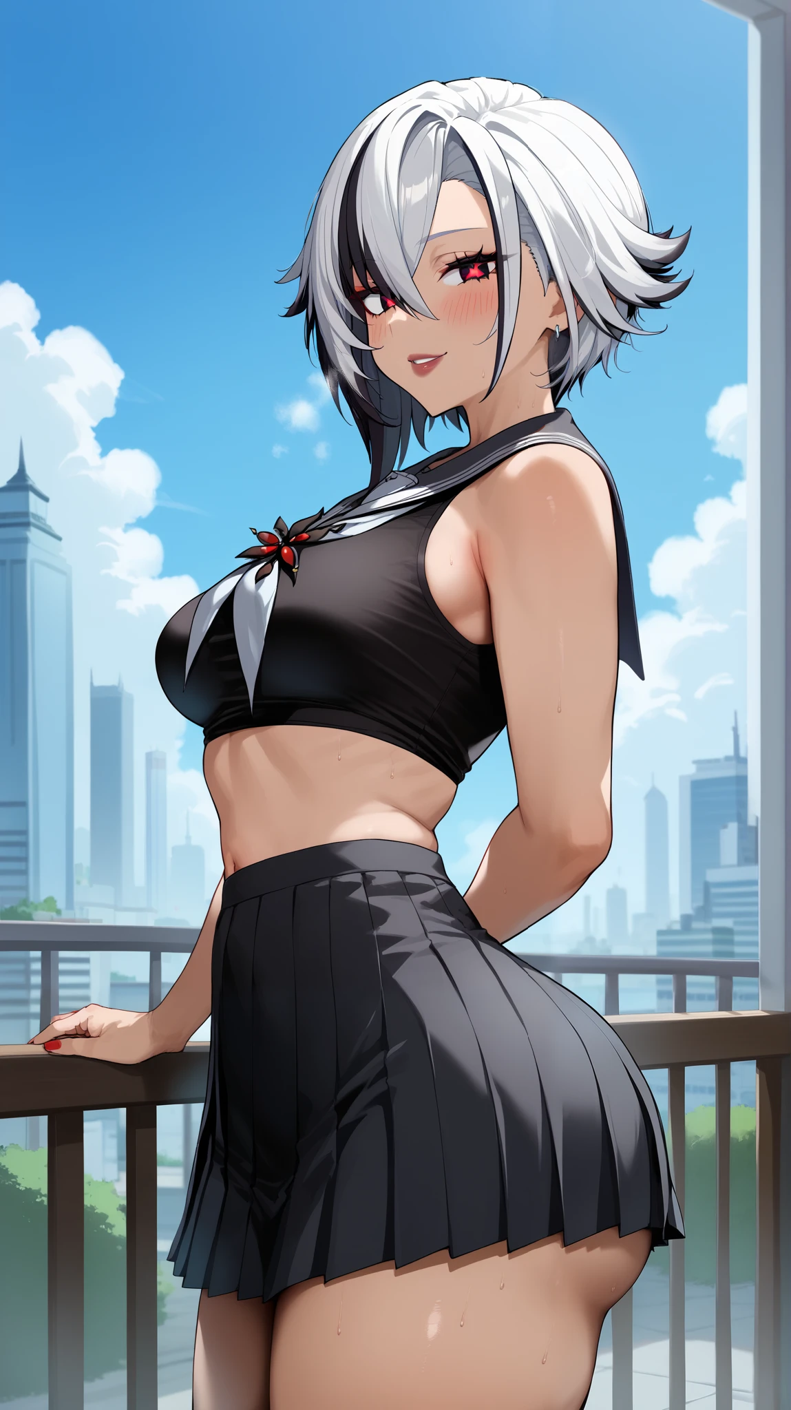 NTR, masterpiece, infidelity, Score_9, score_8_up, score_7_up, score_6_superior, source_anime, rating:general, 1girl, beautiful woman, perfect body, body heat, tan skin, curvy, mature, ultra sweating, makeup, (ultra detailed eyes:1.1), g0thicPXL, (best quality:1.1), (Small breast), red pupils, Arlecchino from Genshin impact, Natural skin, solo, pmMly, white hair, red eyes, short hair, hair bow, white bow, black shirt, sailor collar, neckerchief, black skirt, pleated skirt, looking at you, medium breasts, city, blue sky, white hair, dark lips, (BIG ass) , (smiling:0.85), expressiveH, zPDXL3, detailxl, Score_PnyReal, very very blushing, ultra-detailed, Arlecchino \(genshinimpact\), 8k, high quality, wallpaper