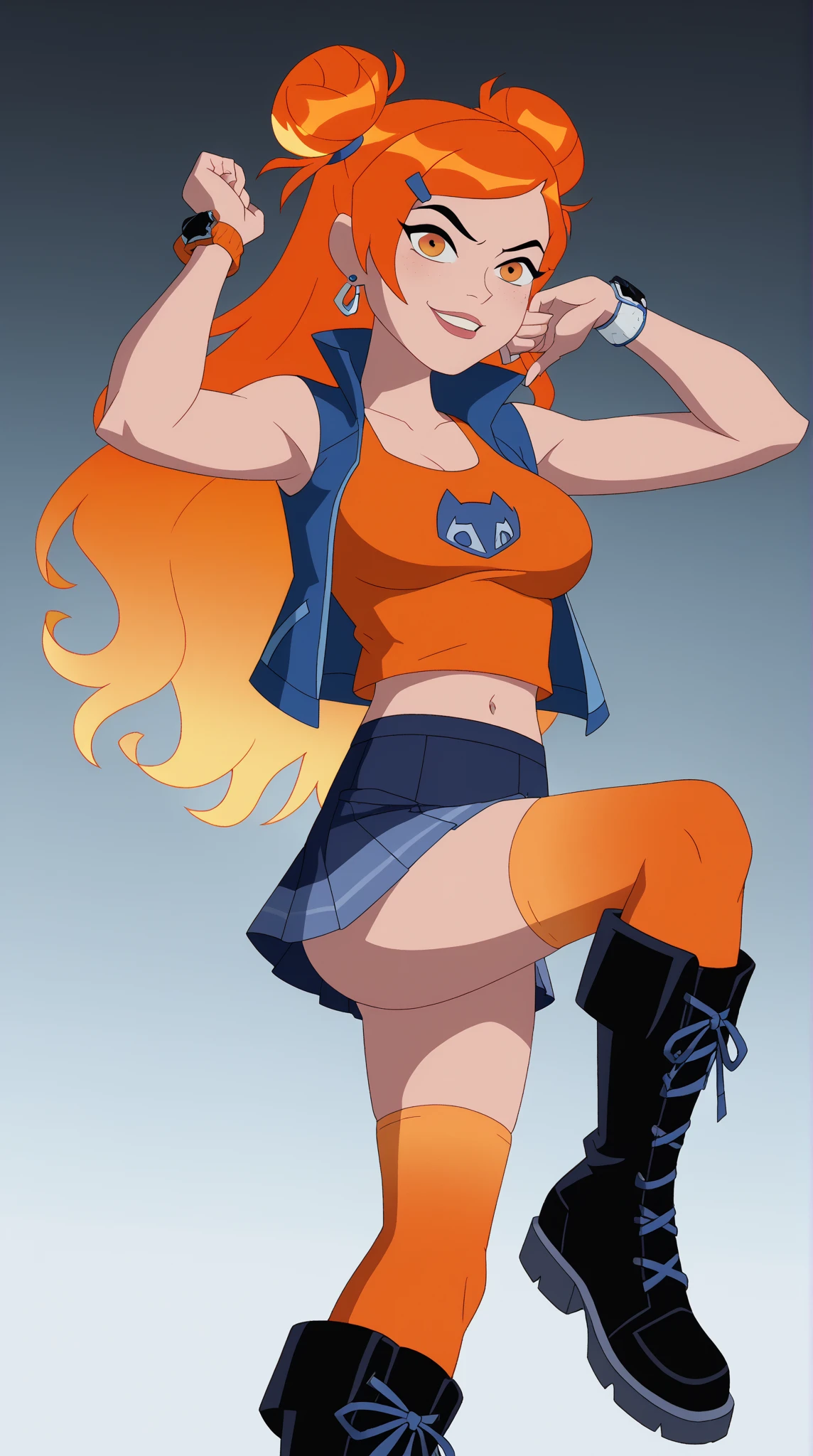 <lora:Bloomv1:0.6>, bloom (winx club), 1girl, ahoge, blue eyes, crop top, heart, jewelry, long hair, midriff, navel, open mouth, orange hair, skirt, smile, solo, thighhighs, (((arms behind back))),