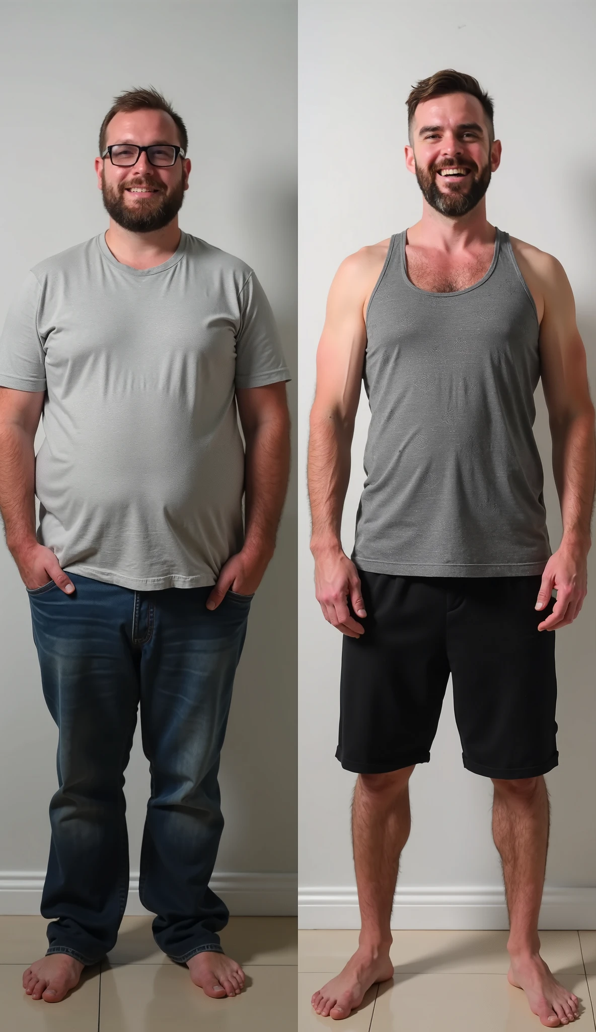 an side by side of a man who was obese and now become a muscular side