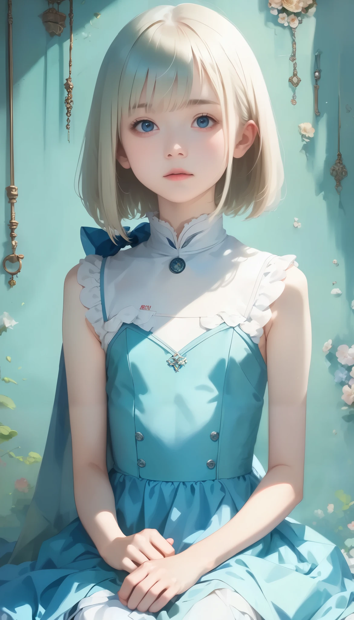 very realistic pictures , RAW Photo , surreal , Film Grain, one girl , alone, young girl, emotionless , Viewer' View , Up to , ( long hair, Hair , short bob , hair to hide one eye , bangs:1.3), thin body, Tiny Breasts , thin waist , They are staring at me with a cute feeling, ( cute costume :1.3), Sitting,