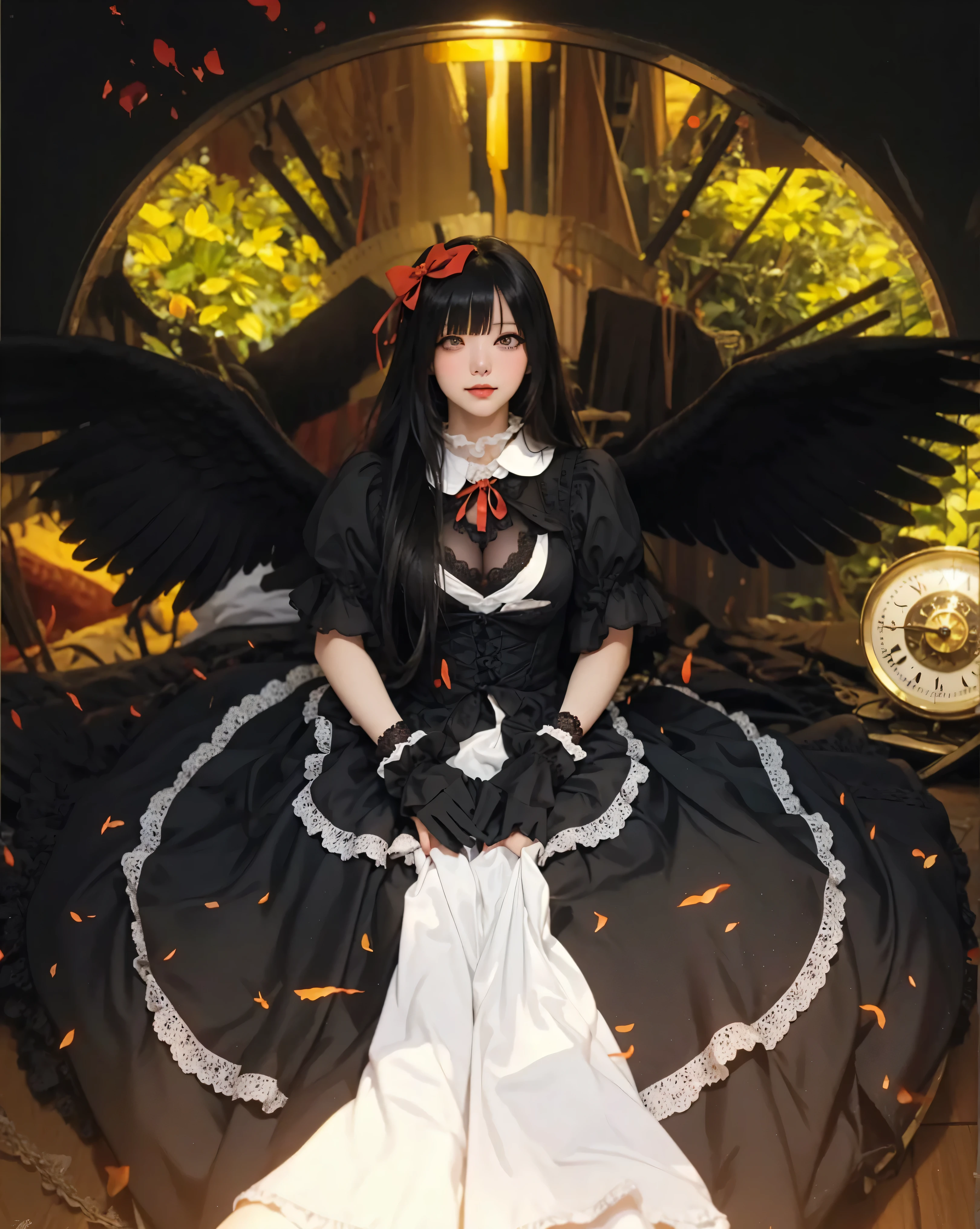 ((KURUMI TOKISAKI BLACK DRESS_DATE A LIVE)),((realistic, photorealistic)),(highlight hair)), Light reflection, (( HD )),((upper body)), (((best quality, masterpiece))), (masterpiece) (best quality) (detail) (8k) (HDR) (wallpaper) (cinematic lighting) (sharp focuasterpiece, best quality: 1.1), Real life adaption of this character, realistic outfit, realistic shadow, realistic light, realism, hyper realistic, realistic background,realistic hair,(photorealistic:1.2), (masterpiece: 1.2), (best quality: 1.3), (clear details: 1.3), ((((ultra-detailed)))), ((detailed eyes)), (extremely detailed face:1.4), (highly detailed eyelash:1.6), kurumitokisaki, tokisaki kurumi, black hair, low twintails, (hair over one eye:1.5), (red eyes:1.2), (small breast:1.2), BREAK blush, smile, thighhighs, bow, ribbon, cleavage, frills, apron, white thighhighs, wrist cuffs, garter straps, BREAK looking at viewer, BREAK indoors, bed, bedroom, BREAK (masterpiece:1.2), best quality, high resolution, unity 8k wallpaper, (illustration:0.8), (beautiful detailed eyes:1.6), extremely detailed face, perfect lighting, extremely detailed CG, (perfect hands, perfect anatomy),girl with、Shoulders bare、Black hair、long boots、clock eyes、Detached sleeves、frilly dress、frilld、Gothic ta、Loliashion、Lolita HBand、Platform boots、black dress、Red Eyes、Solo、symbol-shaped pupils、Kurumi Tokisaki、Twin-tailed、Uneven twin tails、Yellow eyes、cleavage of the breast、Super Long Black Tights、Large breasts、Embarrassed look、Night , Time background, black wings,Gear clock, round clock, Roman clock, fire particles, glow effect,
