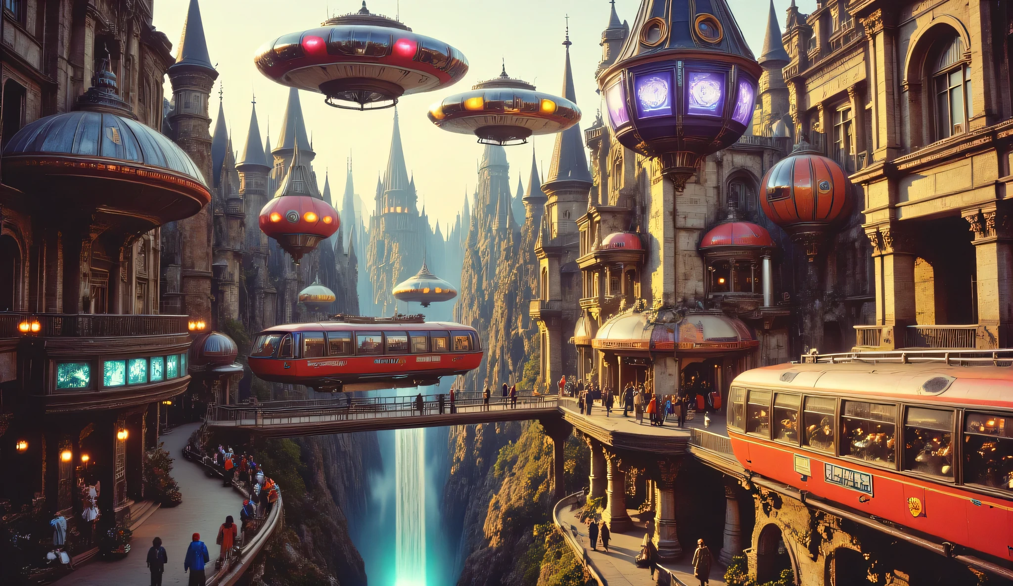 futuristic utopia city with whimsical buildings, flying public transportation, and advanced civilization. captured on a bright, beautiful day with some blue and purple accent neon colors on some objects inside the city. 3D cinematic style.