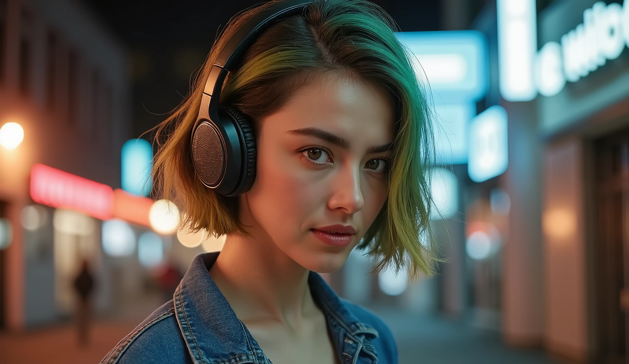 whole body、 low angle、Denim jacket、 beautiful collarbone、美しいprofile、The best photos for TikTok、gold and green hair 、 sink、profile、 green inner color hair、 short hair、Beauty、 dynamic angle to appreciate pussy、ヘッドフォンをしているBeauty、Night city background with neon lights